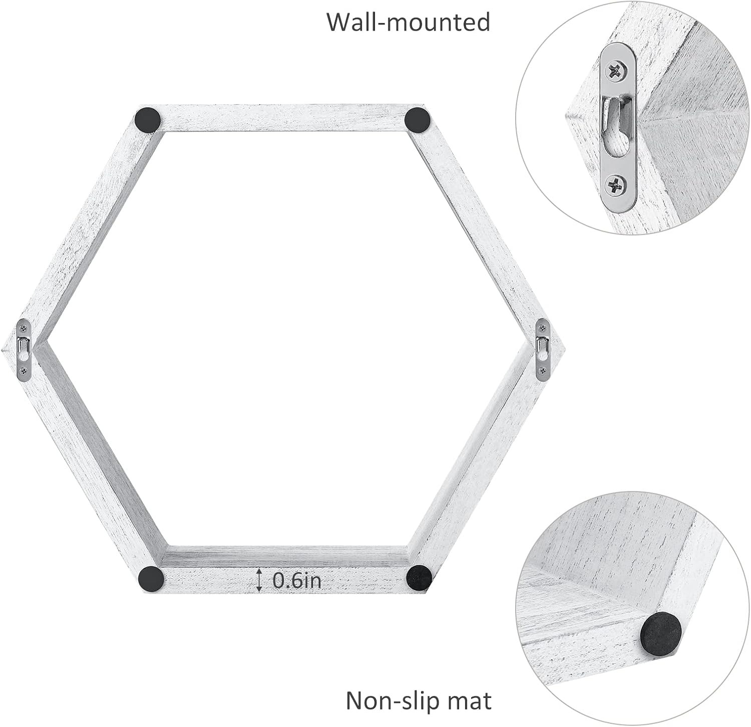 YBING Hexagon Floating Shelves Set of 6 Grey-White