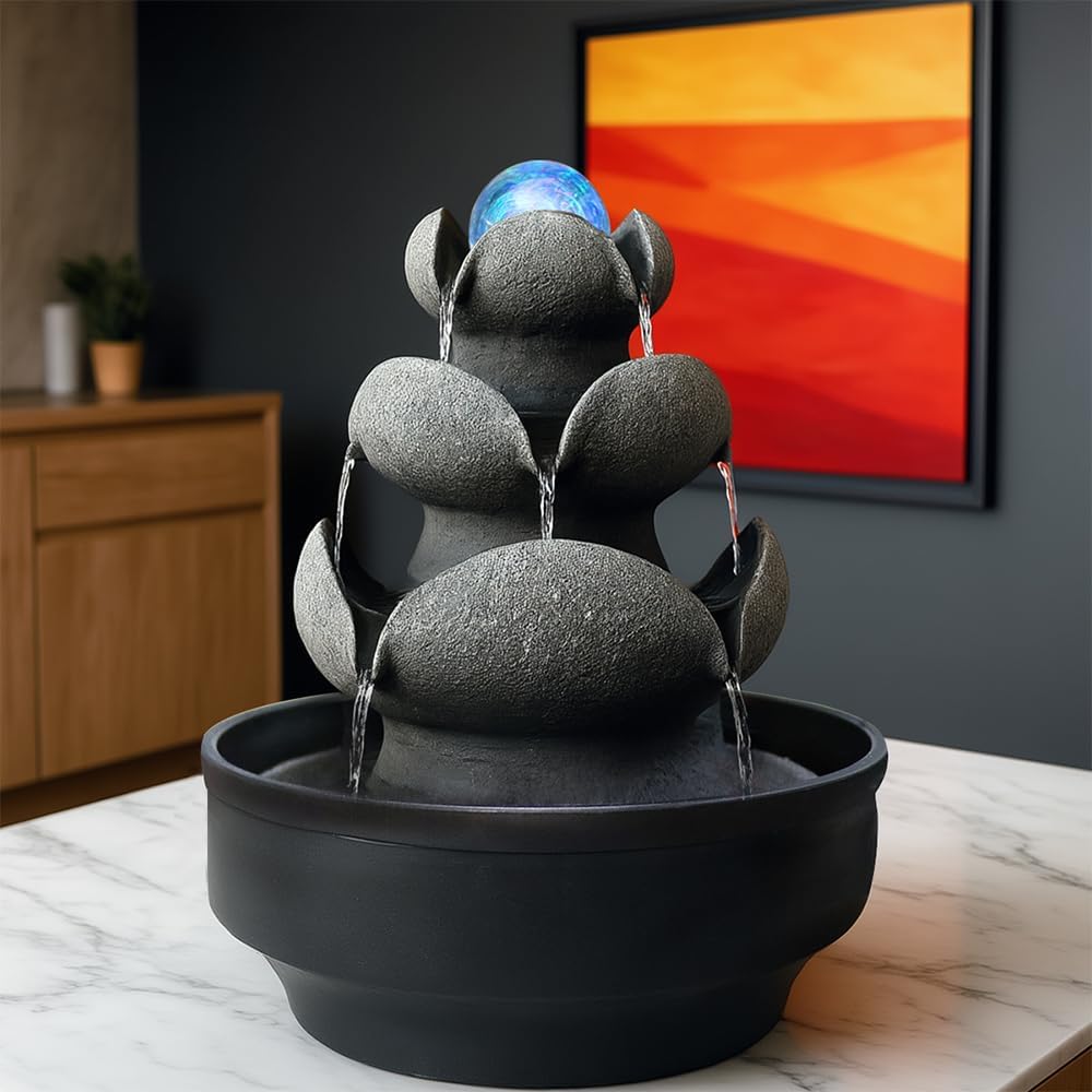 Lotus Stone Tabletop Fountain with LED Light and Spinning Ball