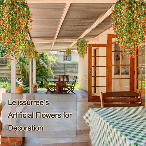 Artificial Wall Hanging Flowers UV Resistant 4 Bundles Orange Green