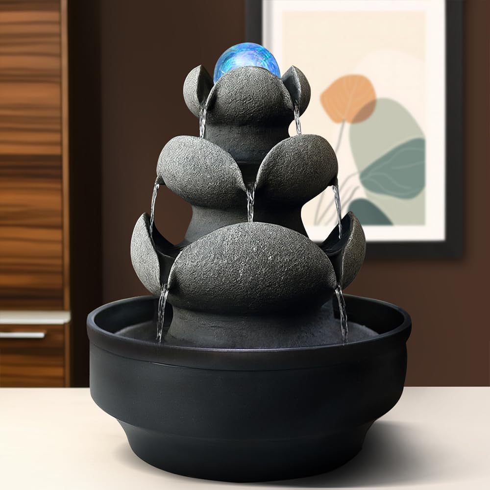 Lotus Stone Tabletop Fountain with LED Light and Spinning Ball