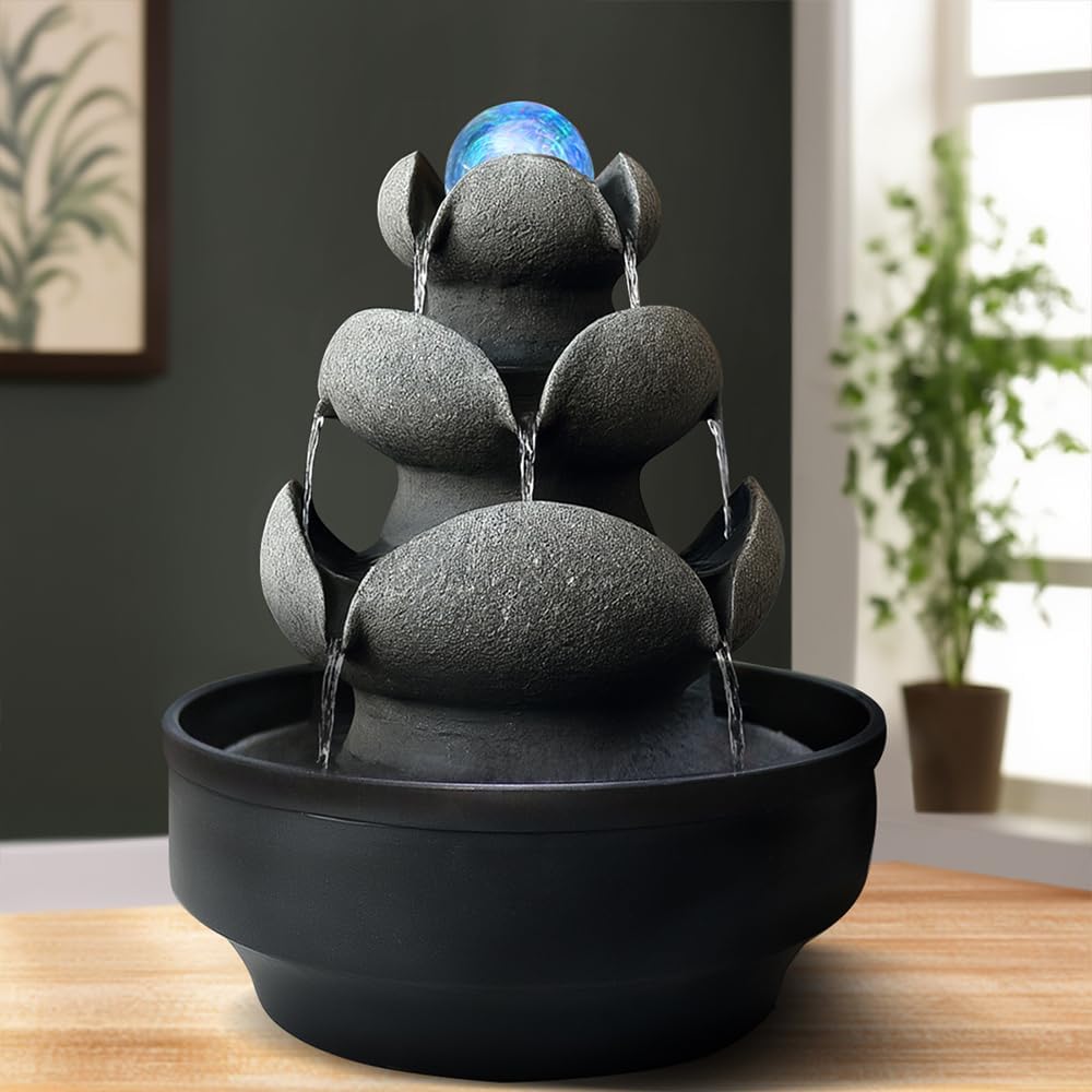 Lotus Stone Tabletop Fountain with LED Light and Spinning Ball