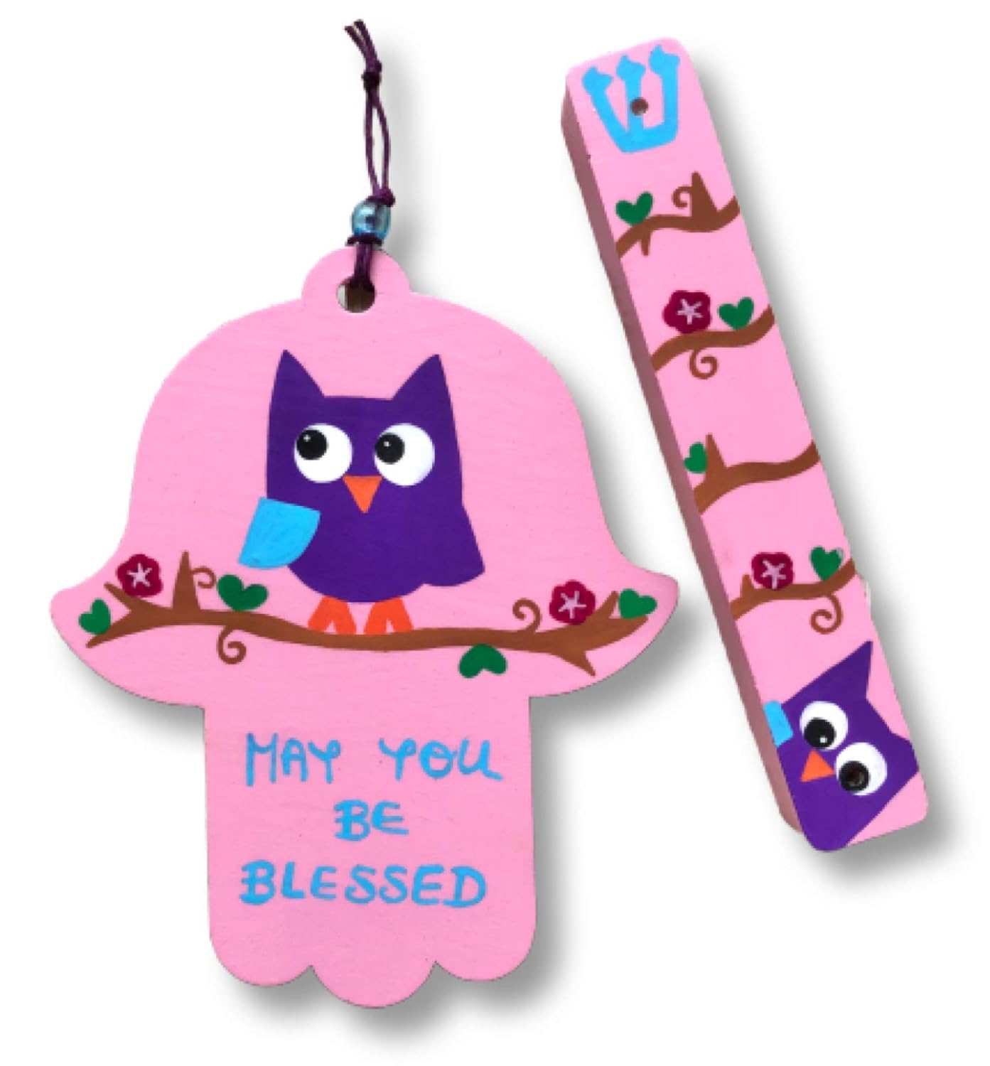 Lea Joelle Handmade Hamsa and Mezuzah Owl Blessing Pink