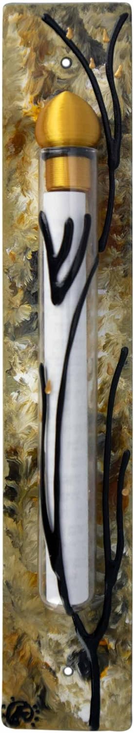 Hand Painted Mezuzah Case with Scroll 625 Inches Amber Brown Clear