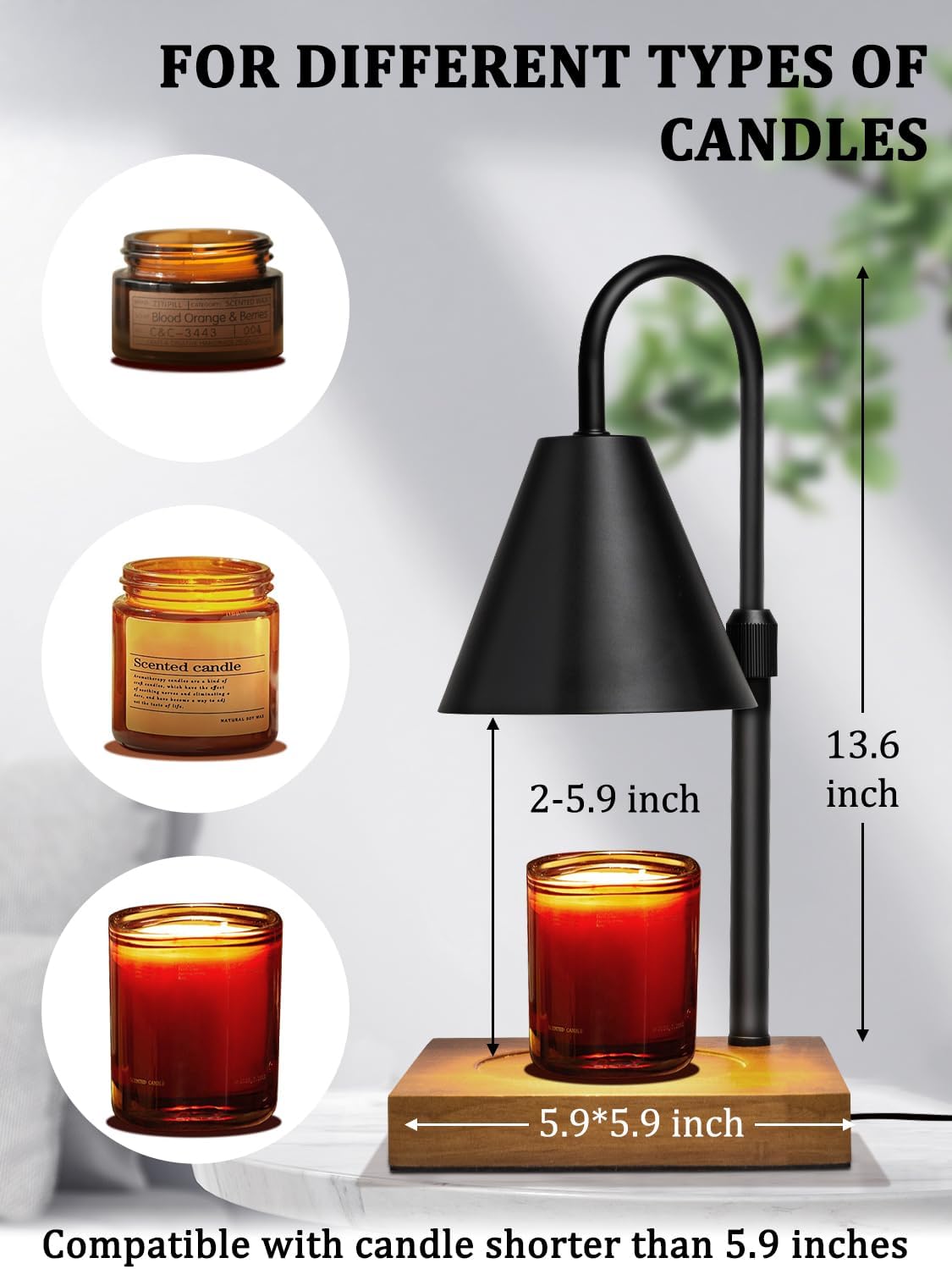 Electric Candle Warmer Lamp with Timer and Dimmer Adjustable Height Walnut Wood Base Black