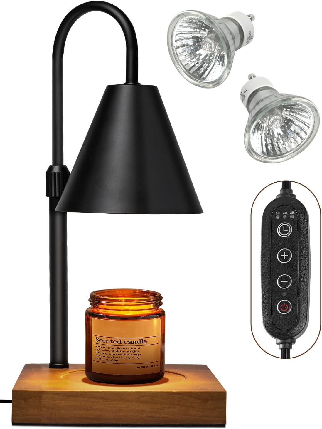 Electric Candle Warmer Lamp with Timer and Dimmer Adjustable Height Walnut Wood Base Black