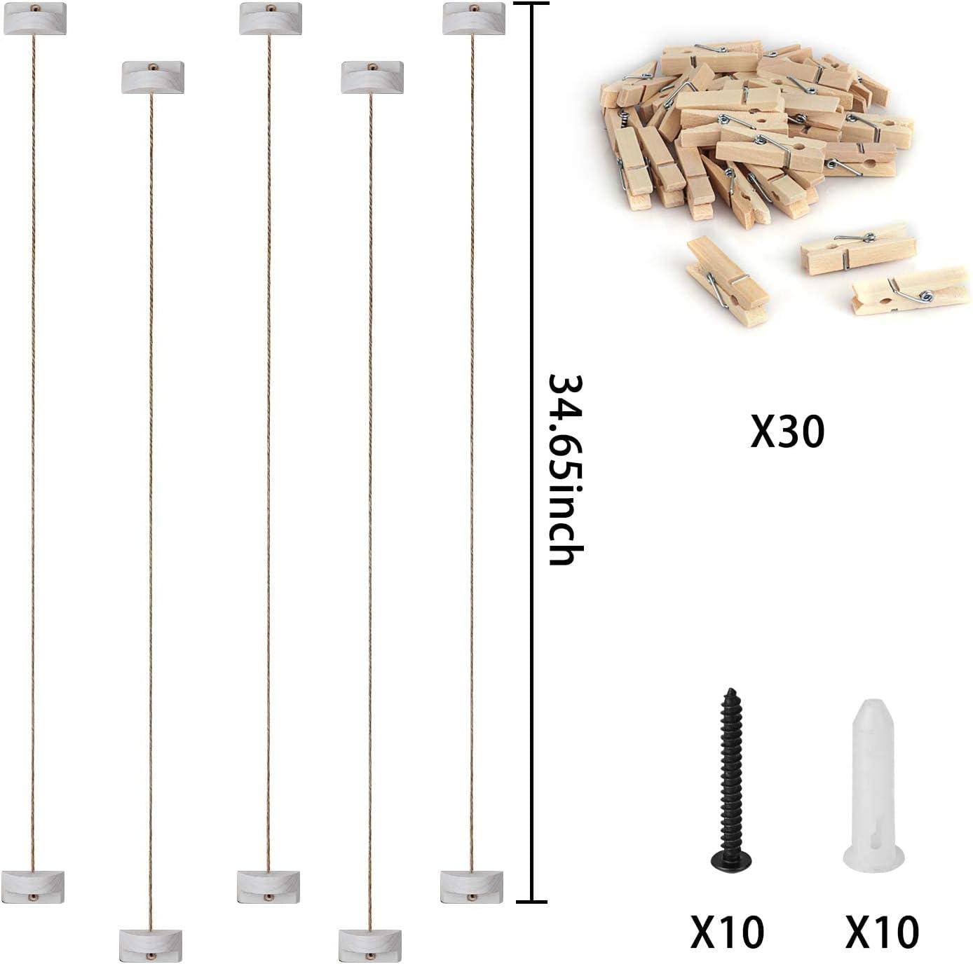 Wooden Photo Wall Display with 5 Strings and 30 Clips