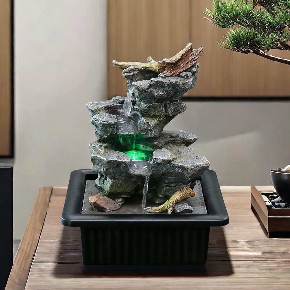 Rock Cascading Tabletop Water Fountain with LED Light Grey