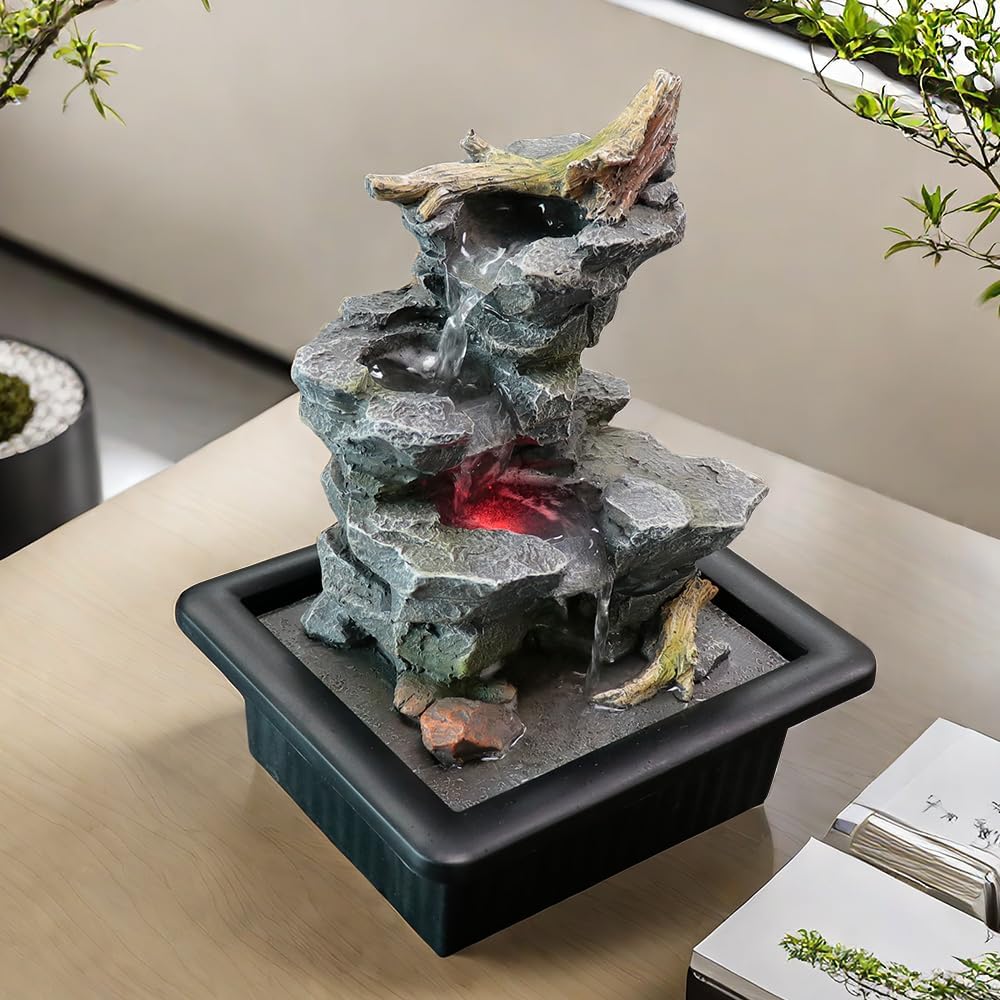 Rock Cascading Tabletop Water Fountain with LED Light Grey