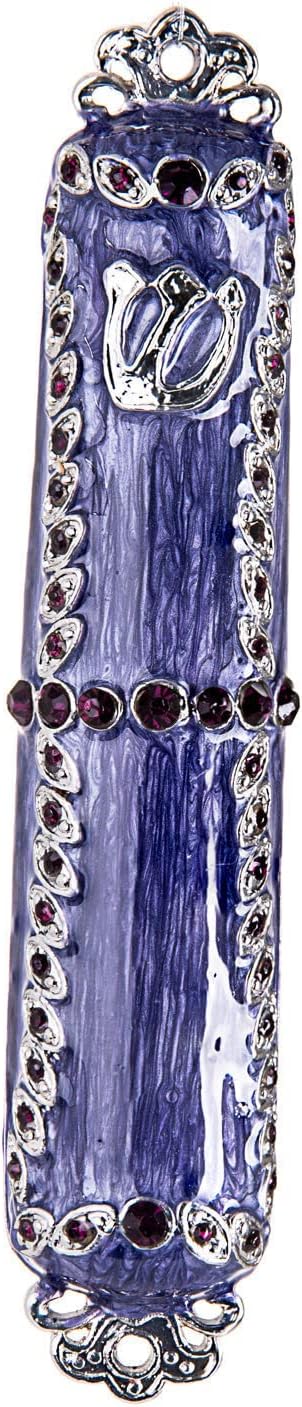 Judaica Mezuzah Case with Stones Enamel Purple 45 Inch