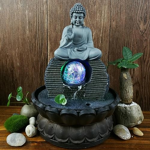 PAVLDSIN Indoor Buddha Tabletop Fountain - Grey Zen Meditation Water Feature