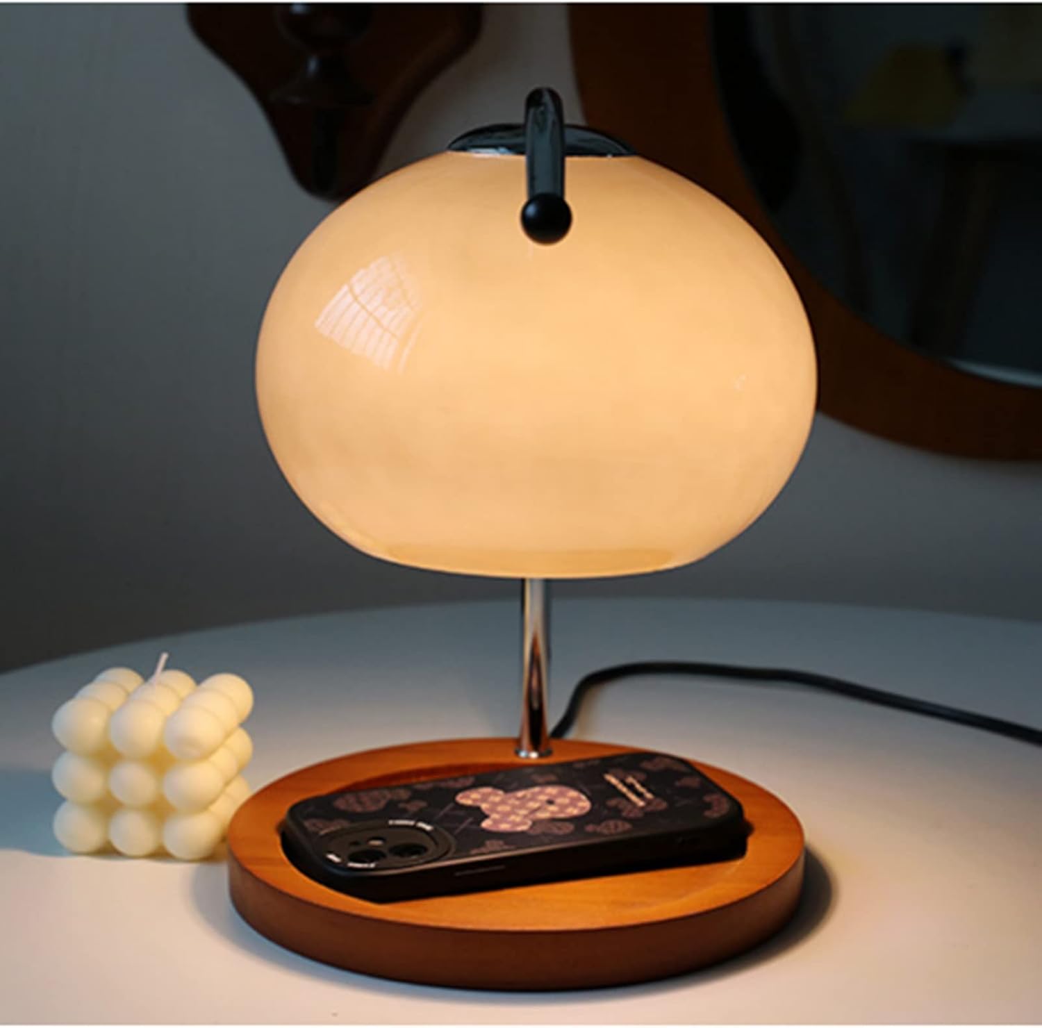 Retro Wood Candle Lamp with Glass Warmer and Dimmable Light