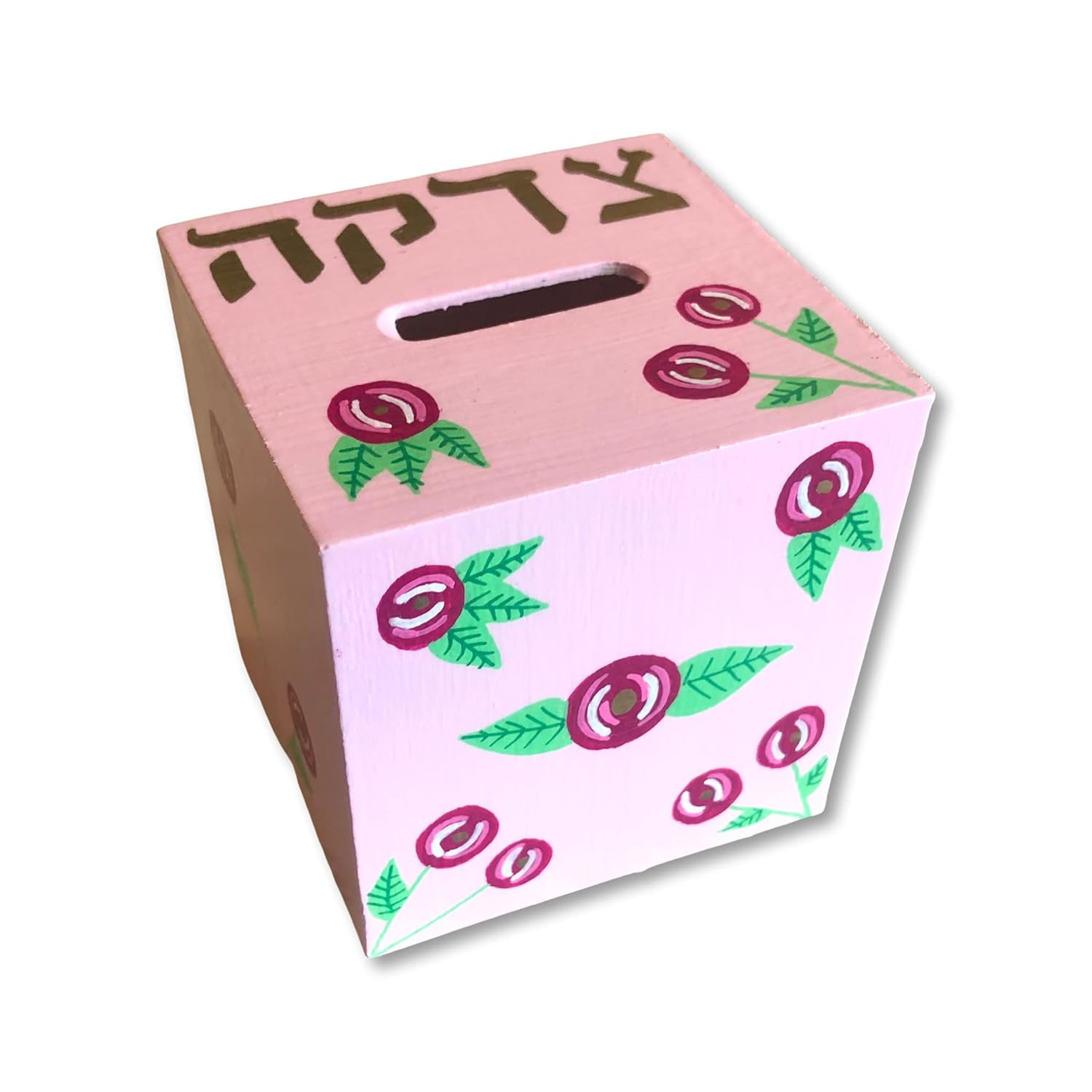 Tzedakah Box and Mezuzah Set with Pink Roses