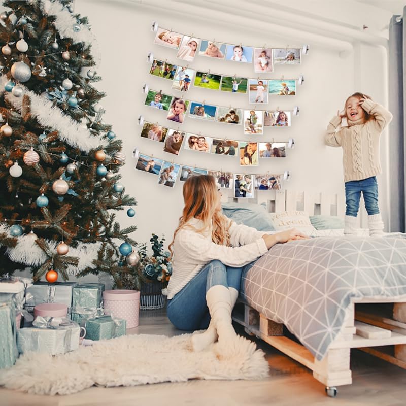 Wooden Photo Wall Display with 5 Strings and 30 Clips