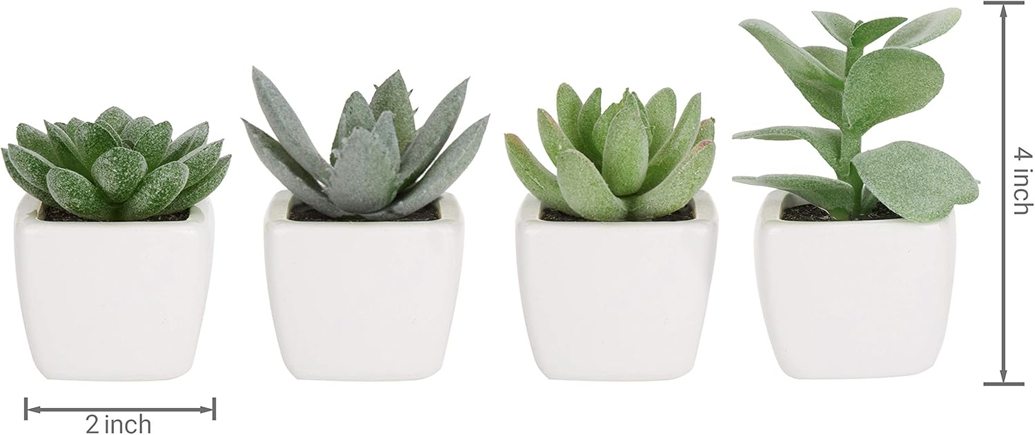 MyGift Set of 4 Mini Assorted Artificial Succulent Plants in White Ceramic Pots