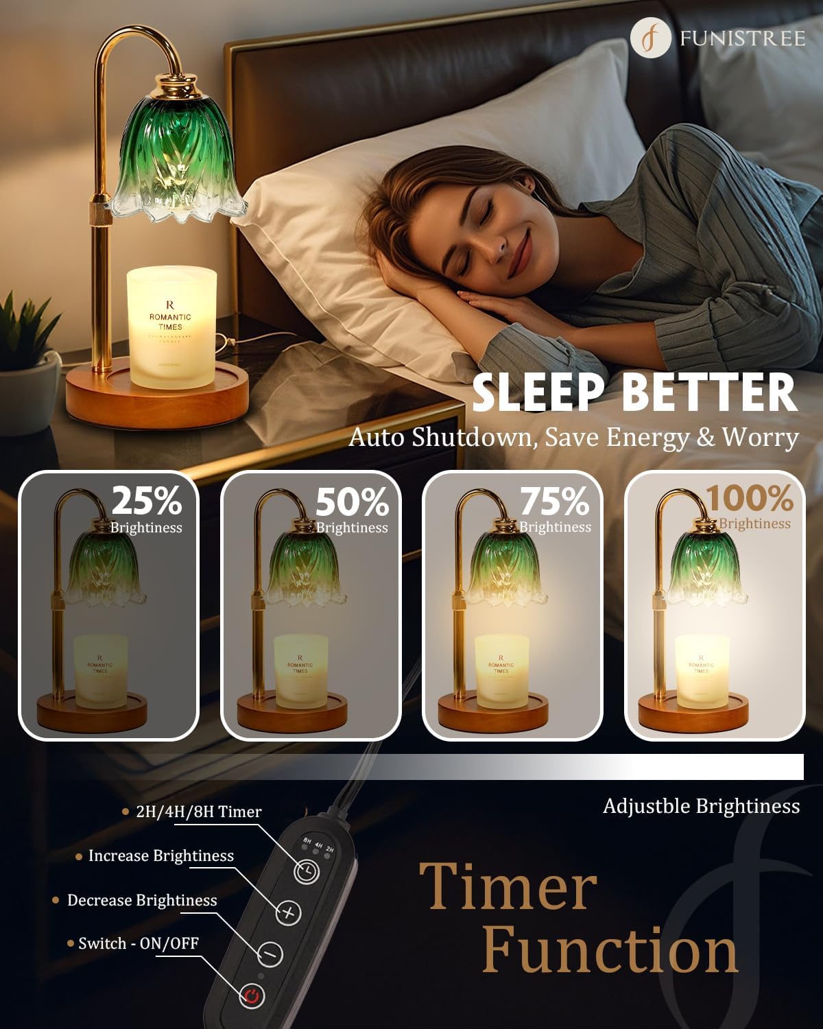 Gold Candle Lamp Warmer with Timer and Dimmer 2 Bulbs Adjustable Height