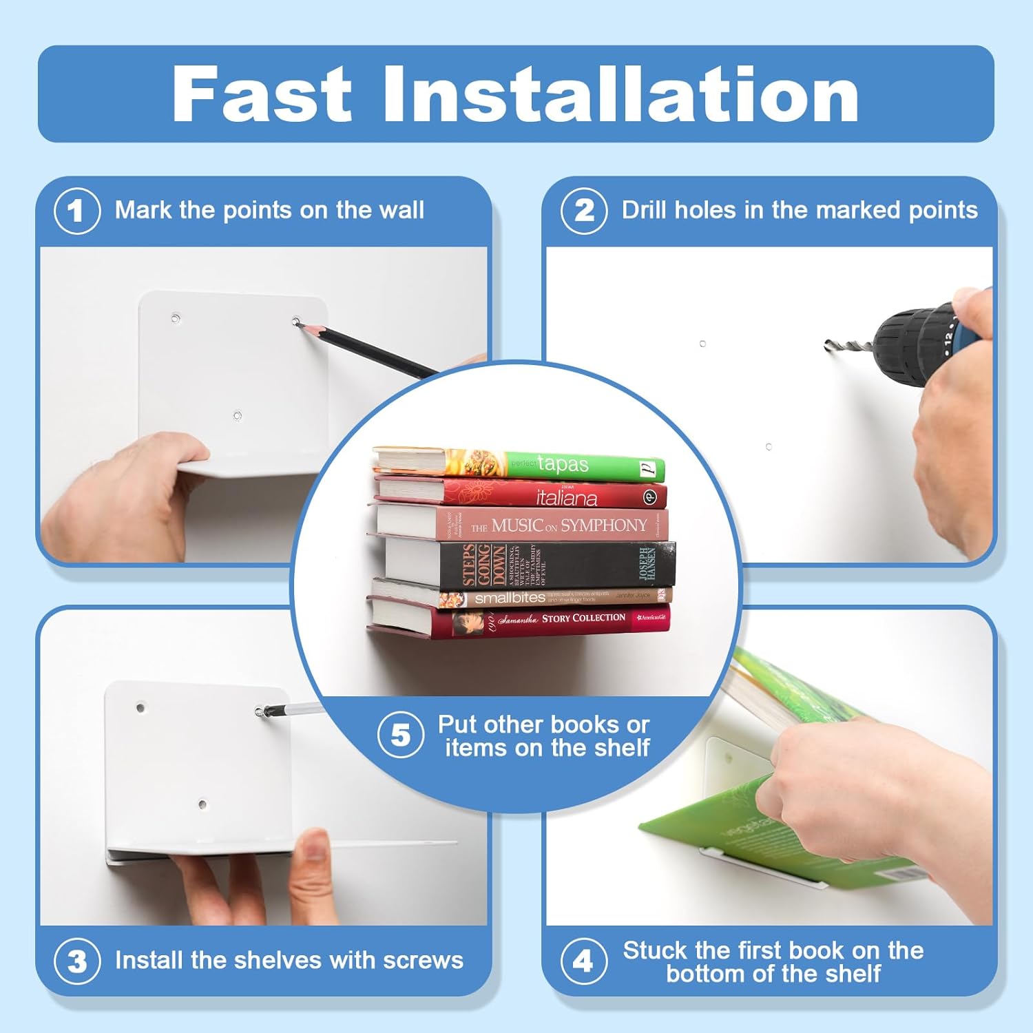 FENTEC 6 Pack Floating Bookshelf Wall Mount White