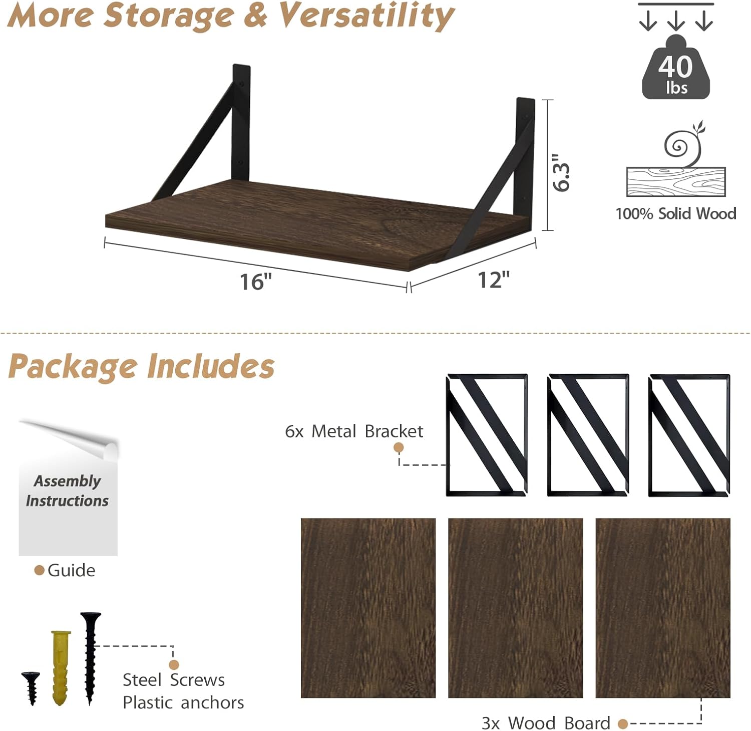 Forbena 12 Inch Deep Floating Shelves Set of 3 Heavy Duty Wall Shelves for Kitchen Storage