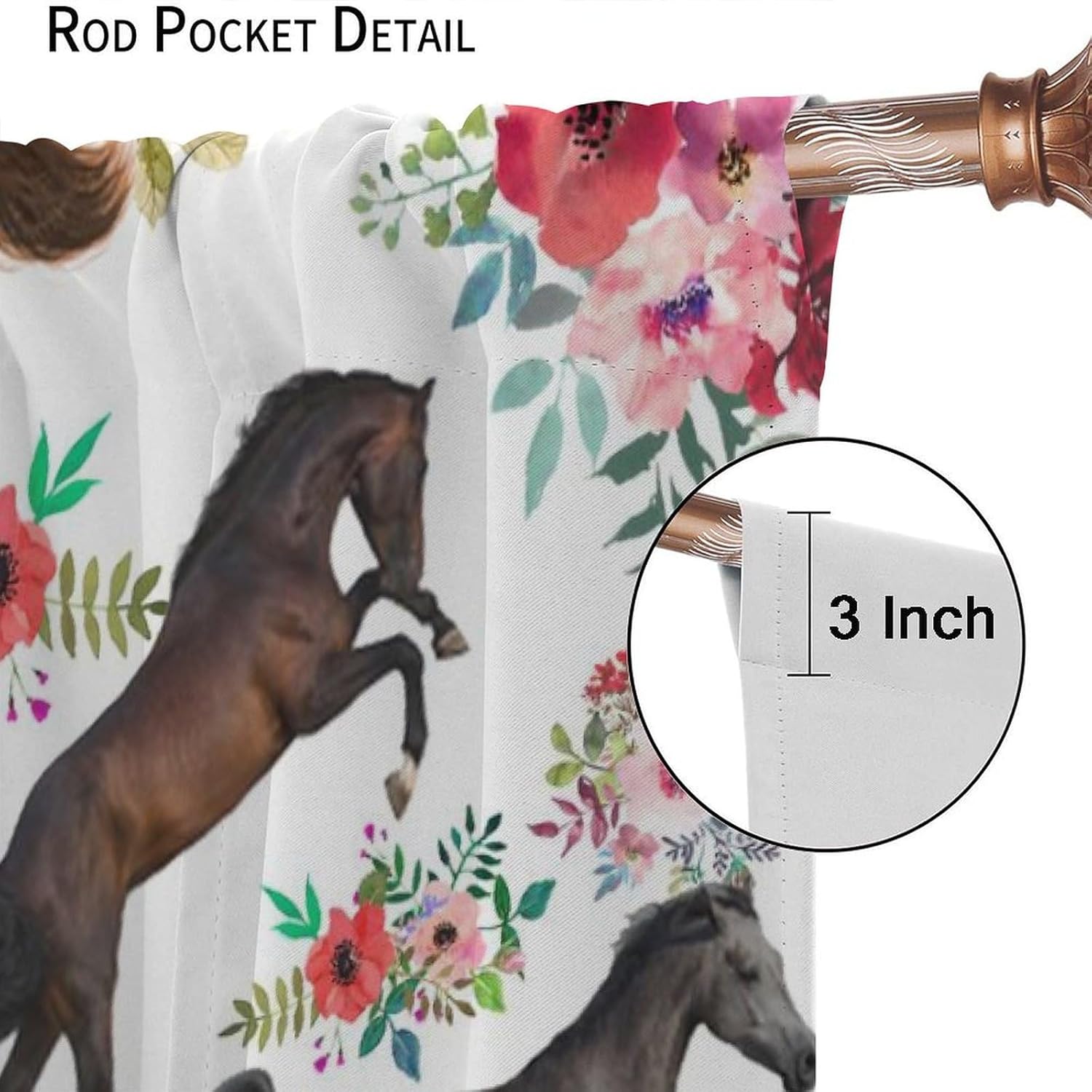 Girls Horse Blackout Curtains with Pink Flower Design