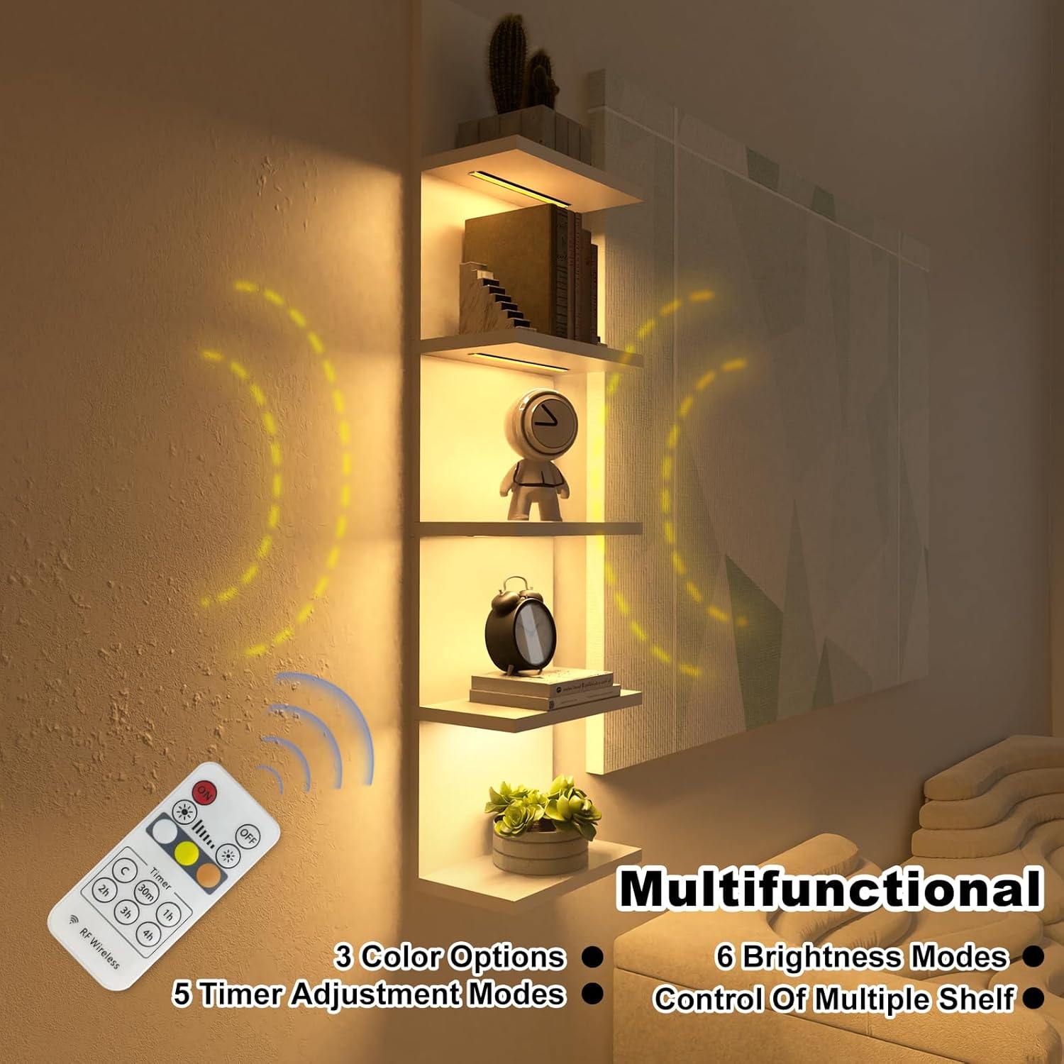 5 Tier Wall Shelf With Light White Modern Vertical Floating Shelves for Home Decor