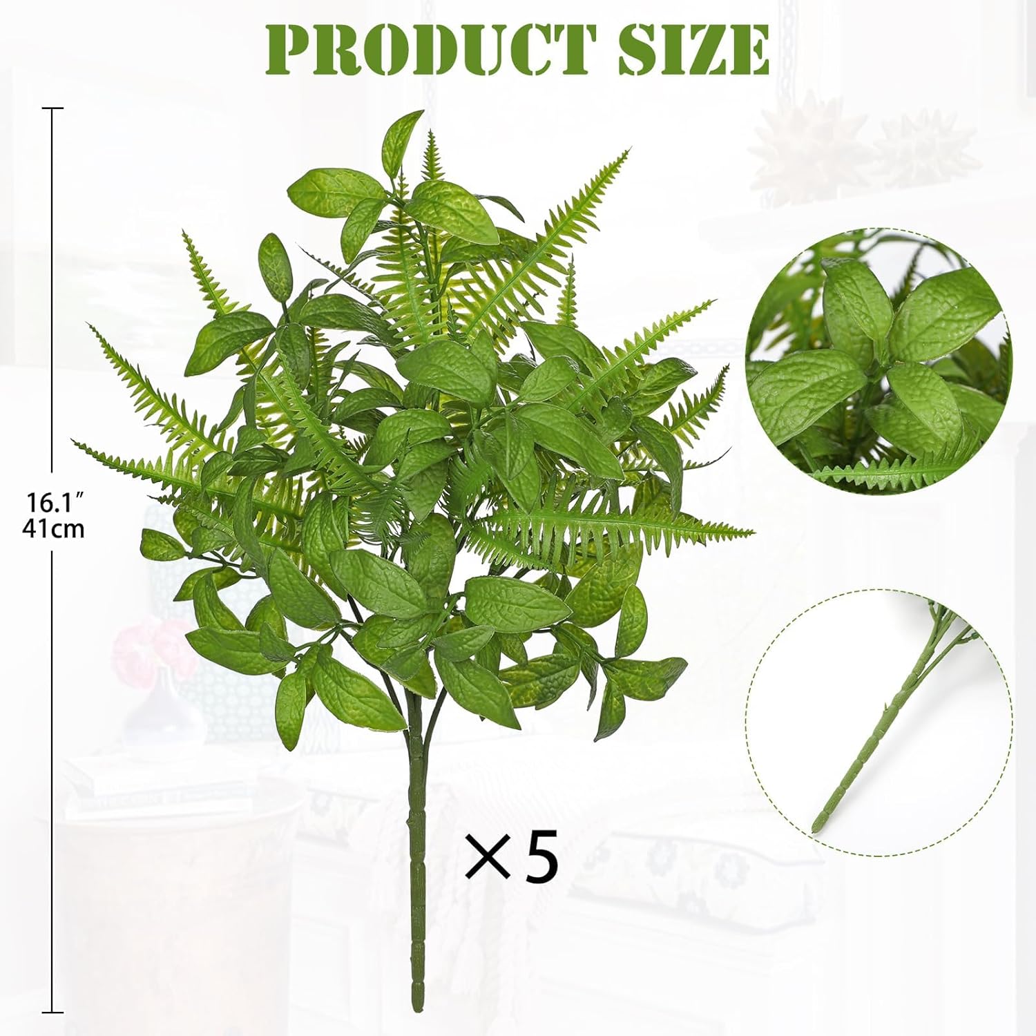 Artificial Fern Mint Leaves Stems Set 5pcs Realistic UV Resistant Decor Plants