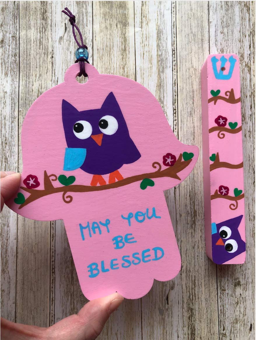 Lea Joelle Handmade Hamsa and Mezuzah Owl Blessing Pink