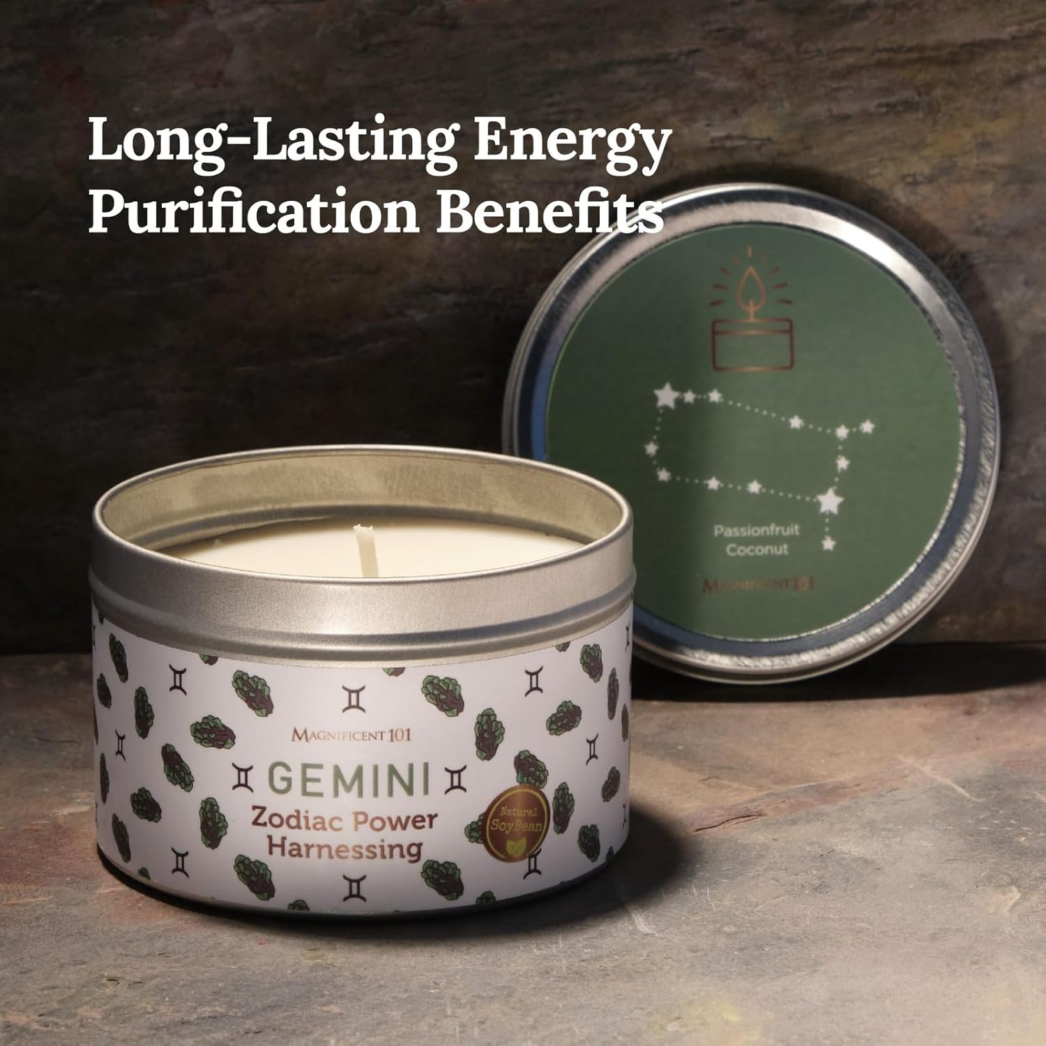 Magnificent 101 Gemini Candle 6 Oz Round Tin Green White