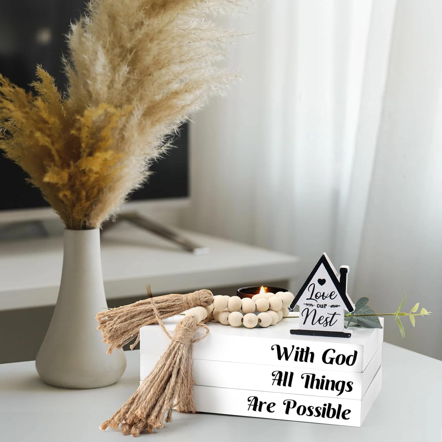 Rustic Farmhouse Decorative Books Set with Tassels and Leaves