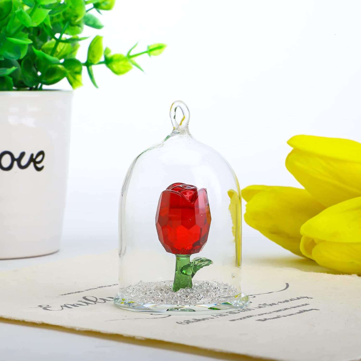 HD Crystal Rose Flower Figurine in Glass Dome