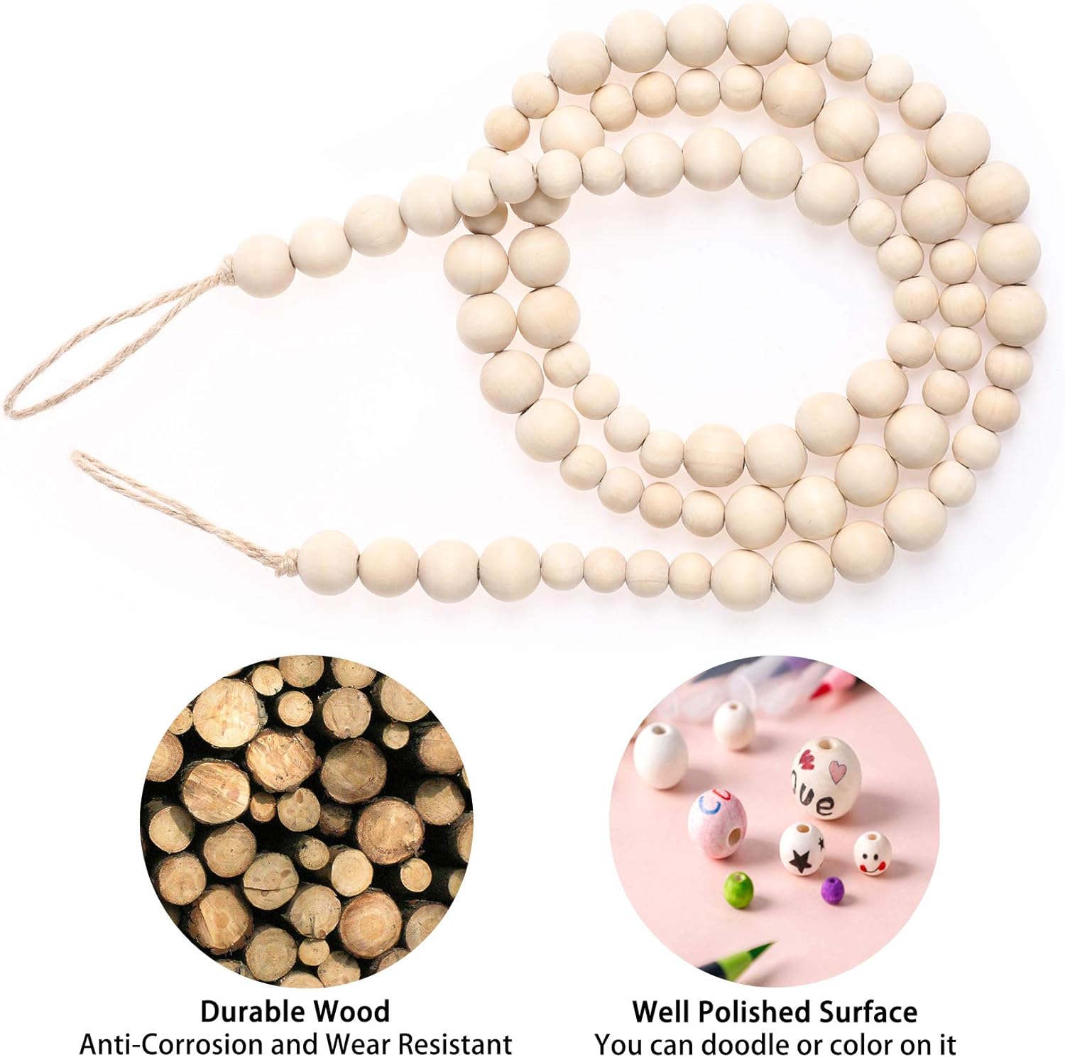2PCS Wall Hanging Photo Display with Wooden Beads Garland and 9 Wood Clips