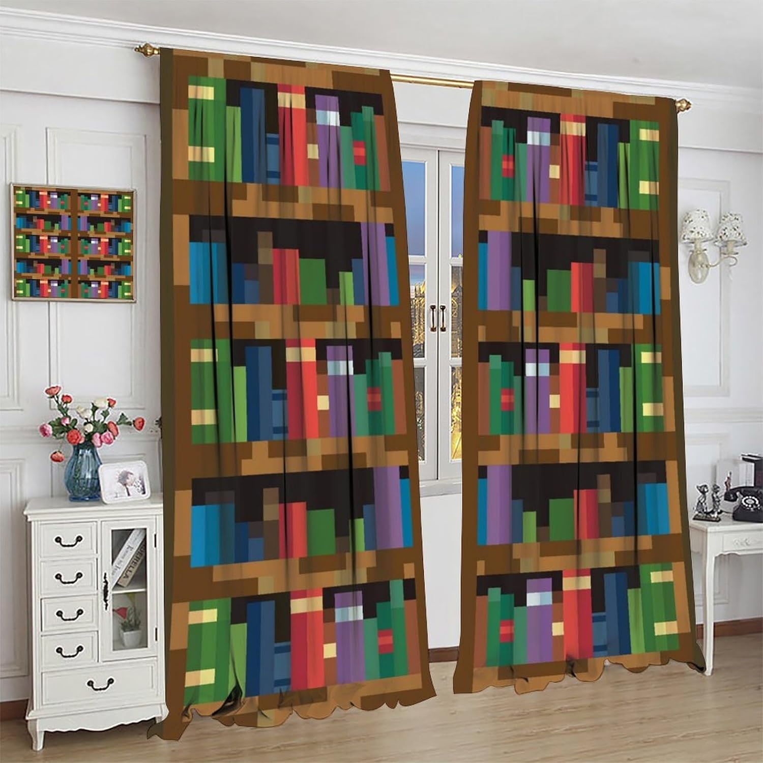 Pixelated Bookshelf Curtain for Kids Bedroom