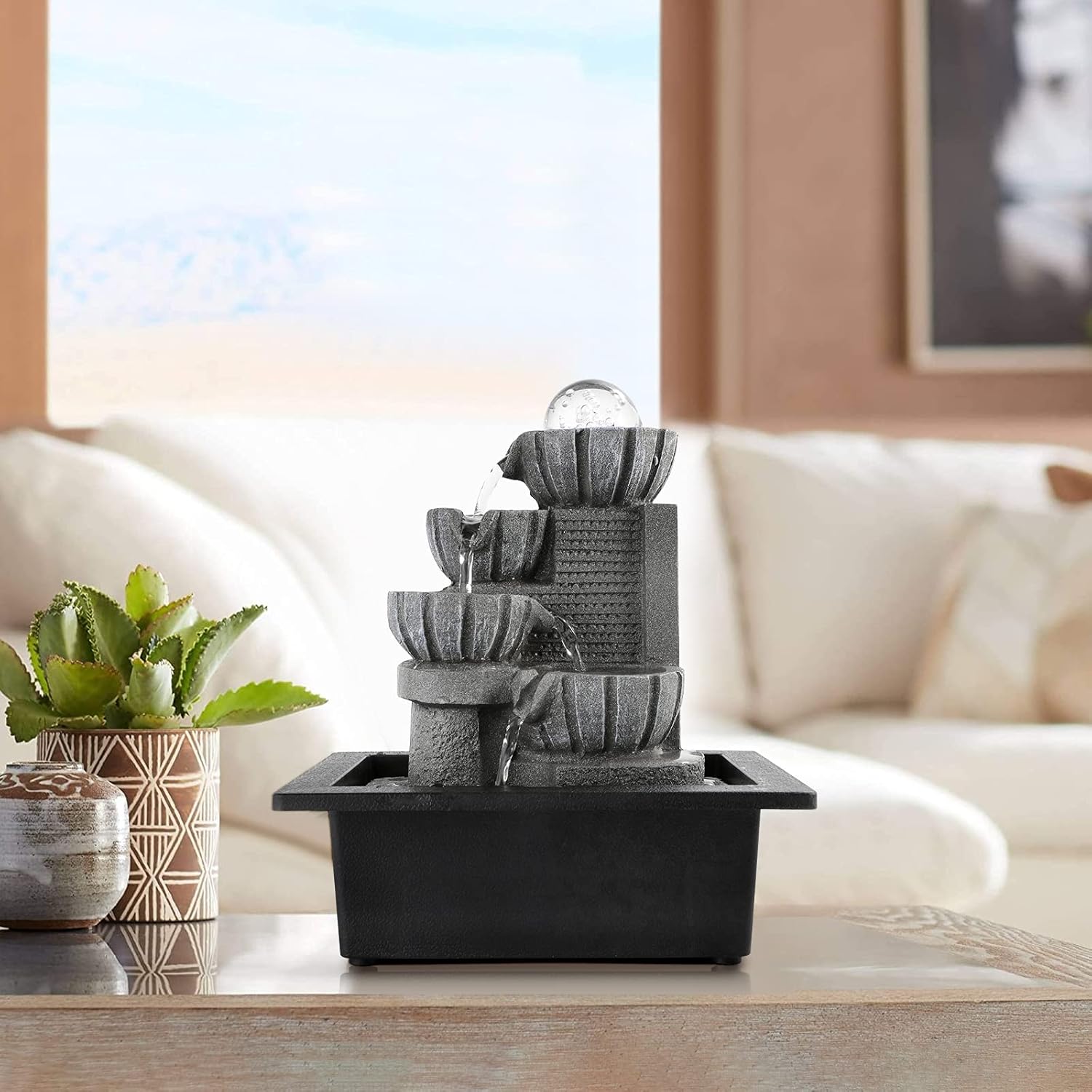 Dyna-Living Indoor Tabletop Water Fountain with LED Lights and Rolling Ball Design