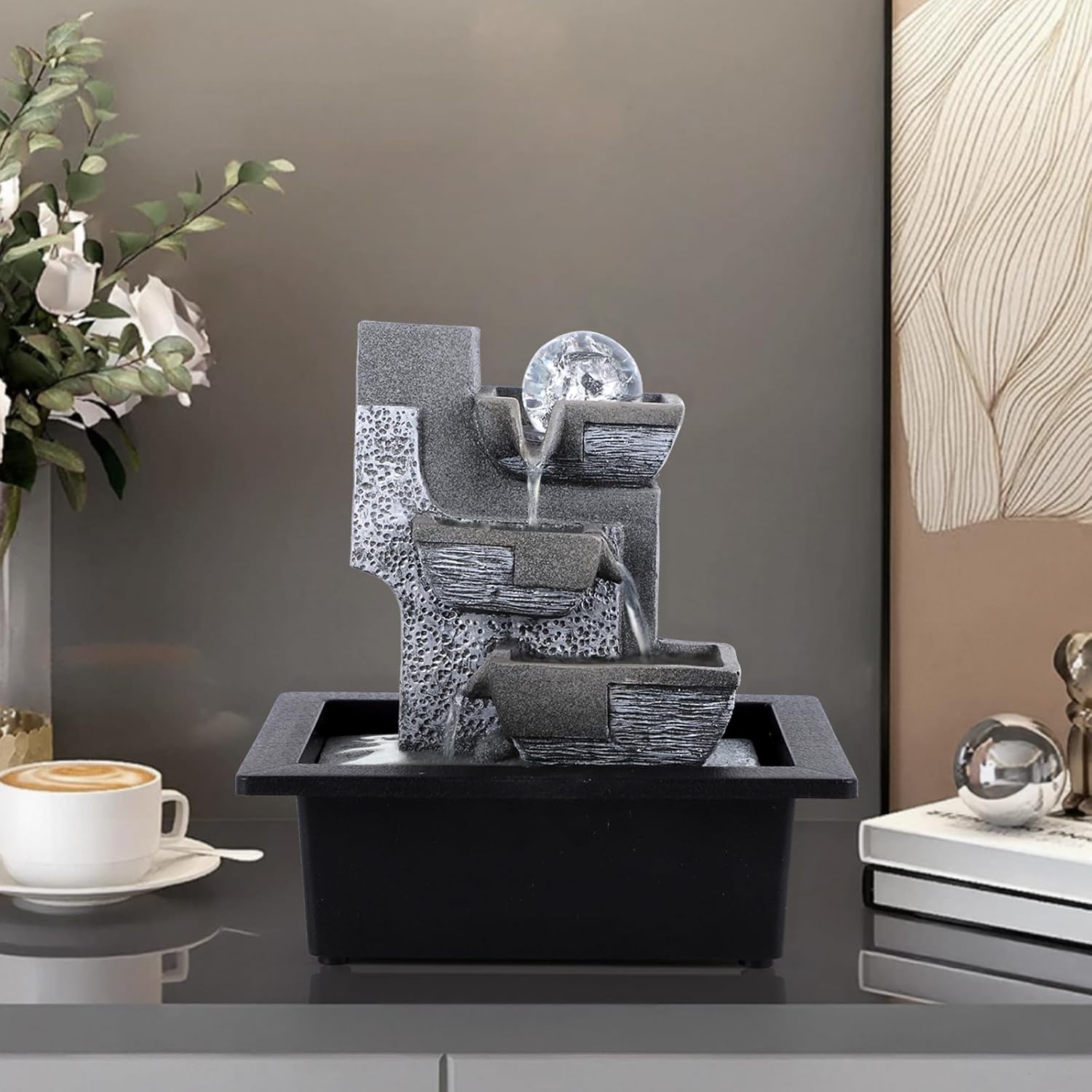 Tabletop Waterfall Indoor Fountain with LED Light 3 Tier