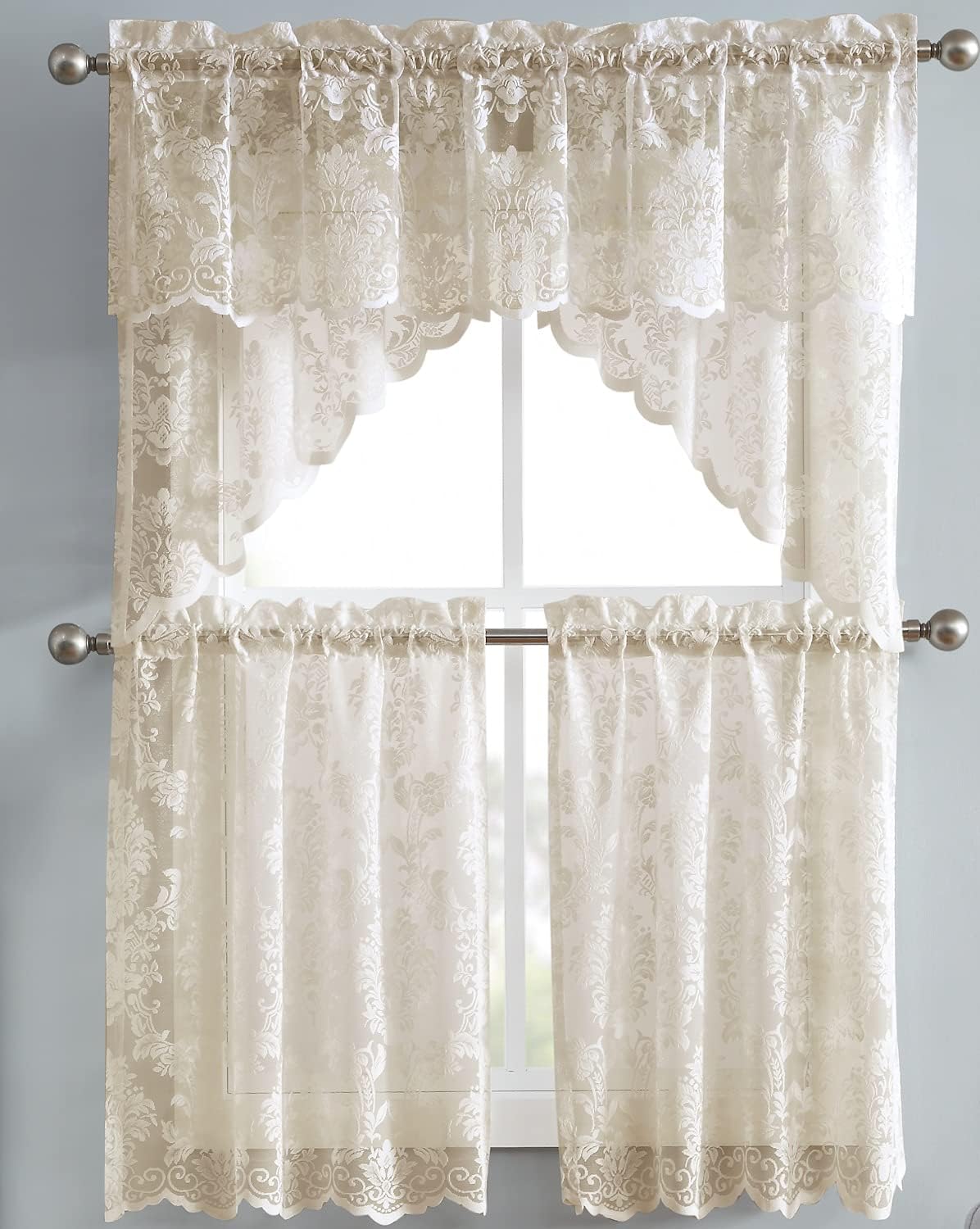 Pair of 2 30x38 Inch Golden Linen Lace Kitchen Swag Curtains with Flower Embroidery