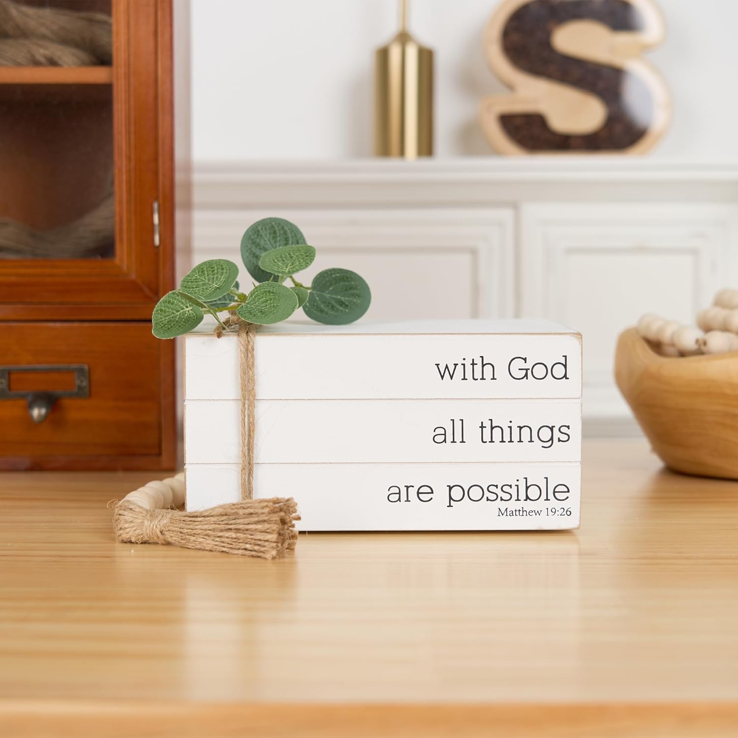 Rustic Farmhouse Decor Books with Wood Beads String