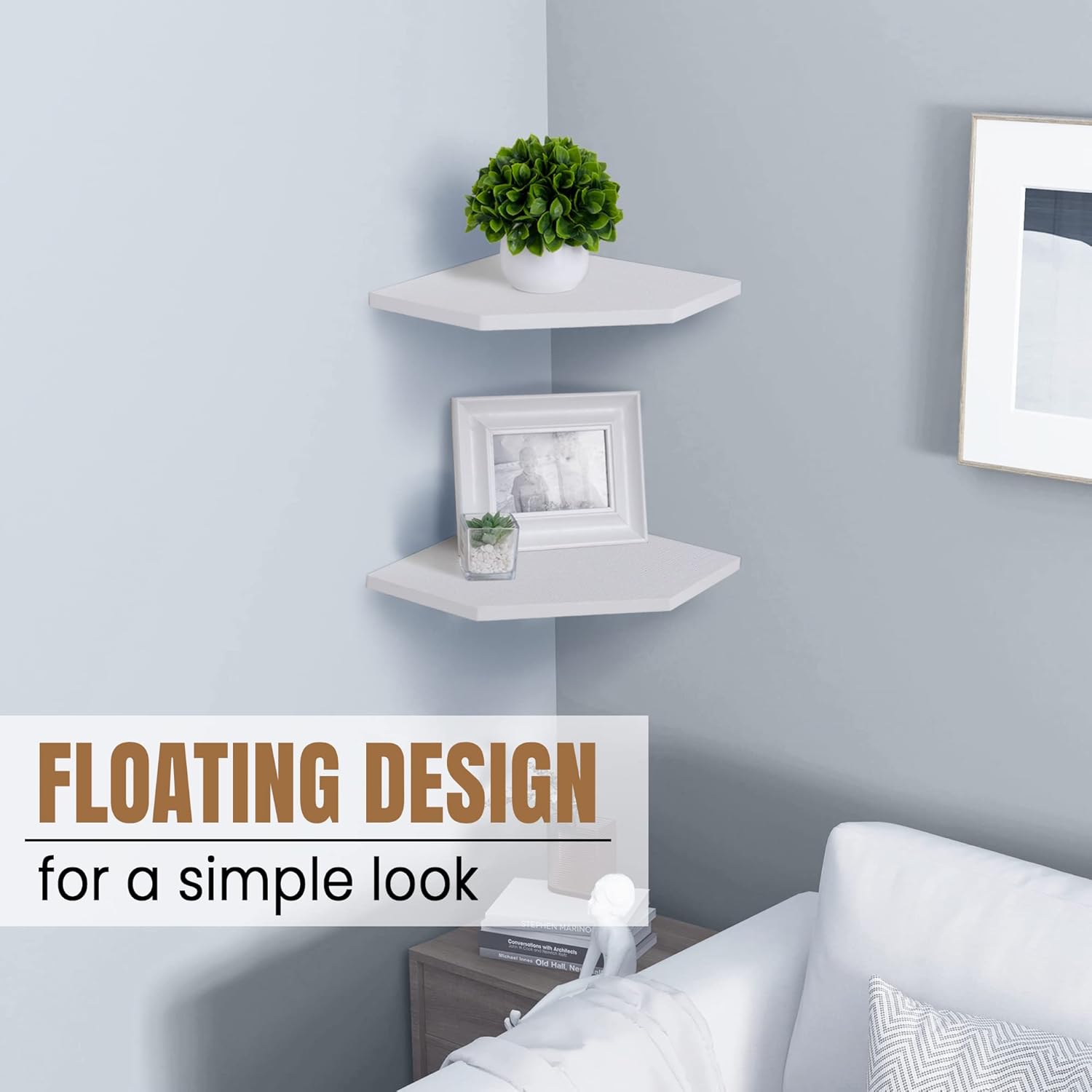 Set of 2 Floating Corner Shelves Rustic Wood Design