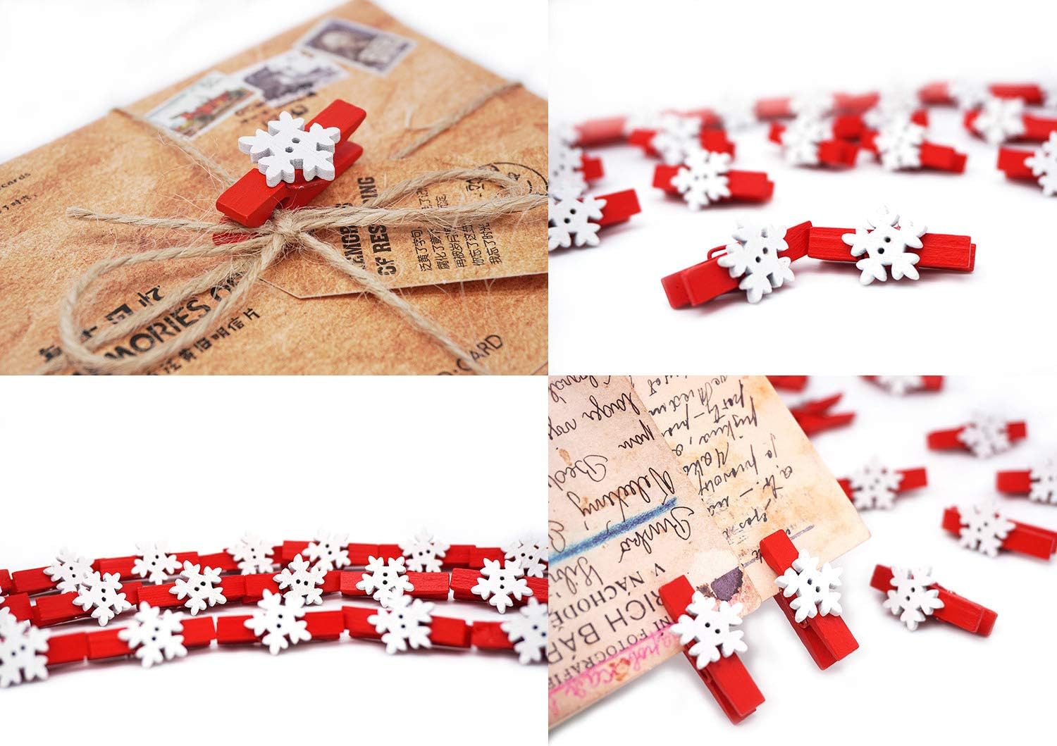 50PCS Christmas Wooden Photo Clips with Jute Twine for Cards and Crafts