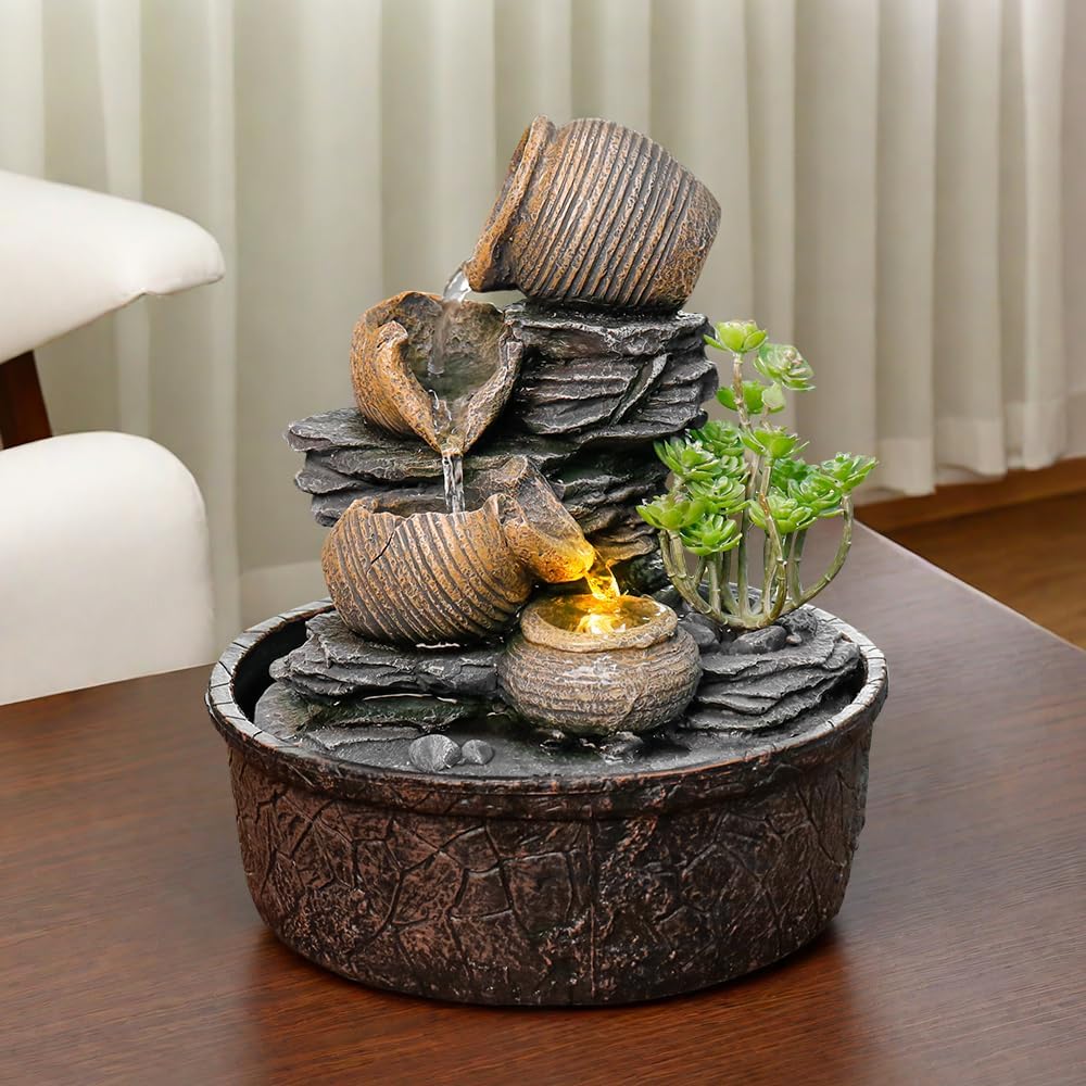 Pottery Rock Tabletop Fountain with LED Lights