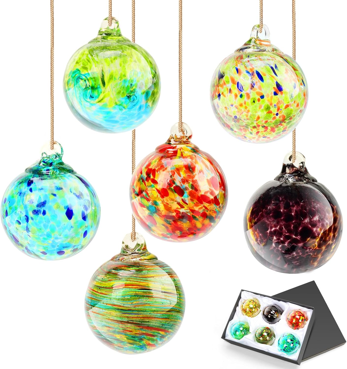 Colorful Hand Blown Glass Hanging Ornaments 6 Pcs