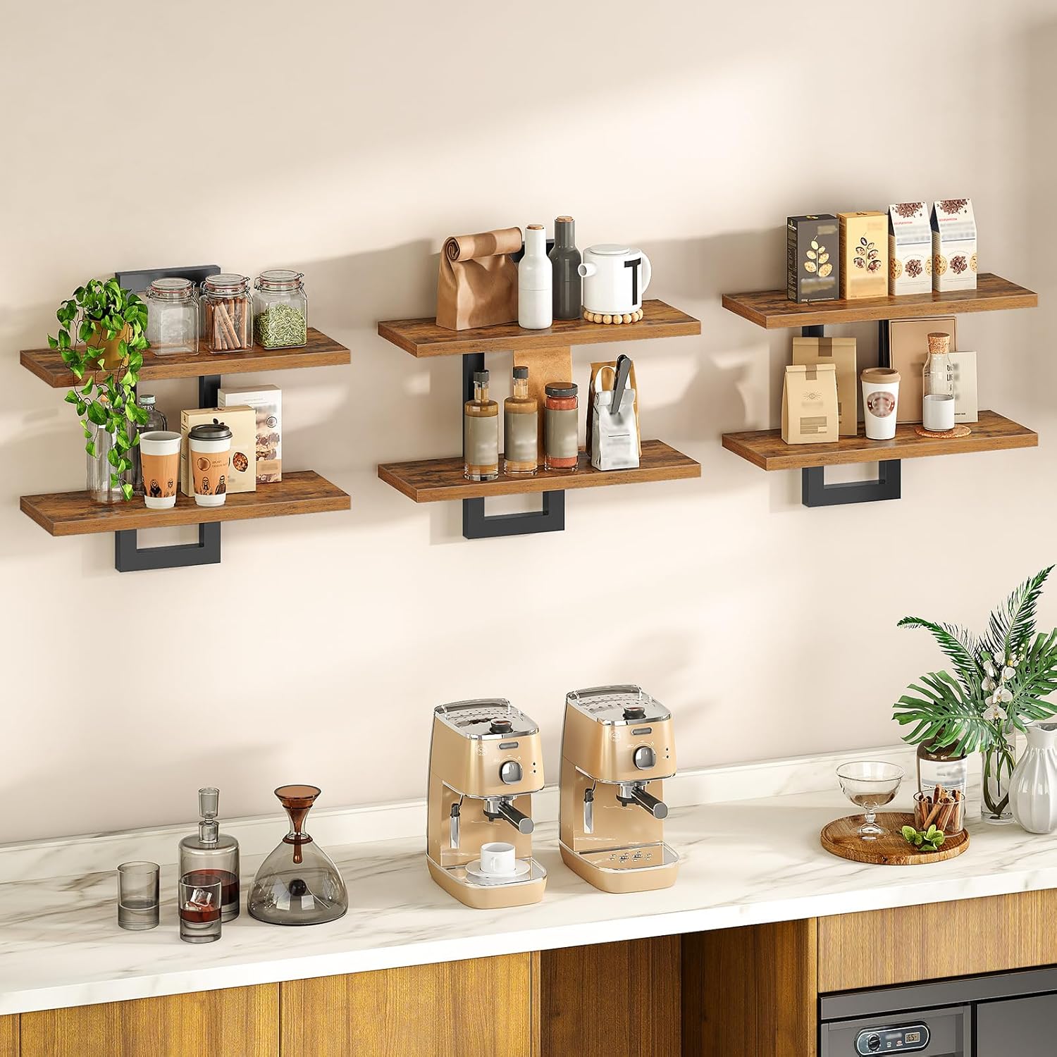 HOOBRO Floating Shelves Set of 3 2-Tier Wall Mounted Storage