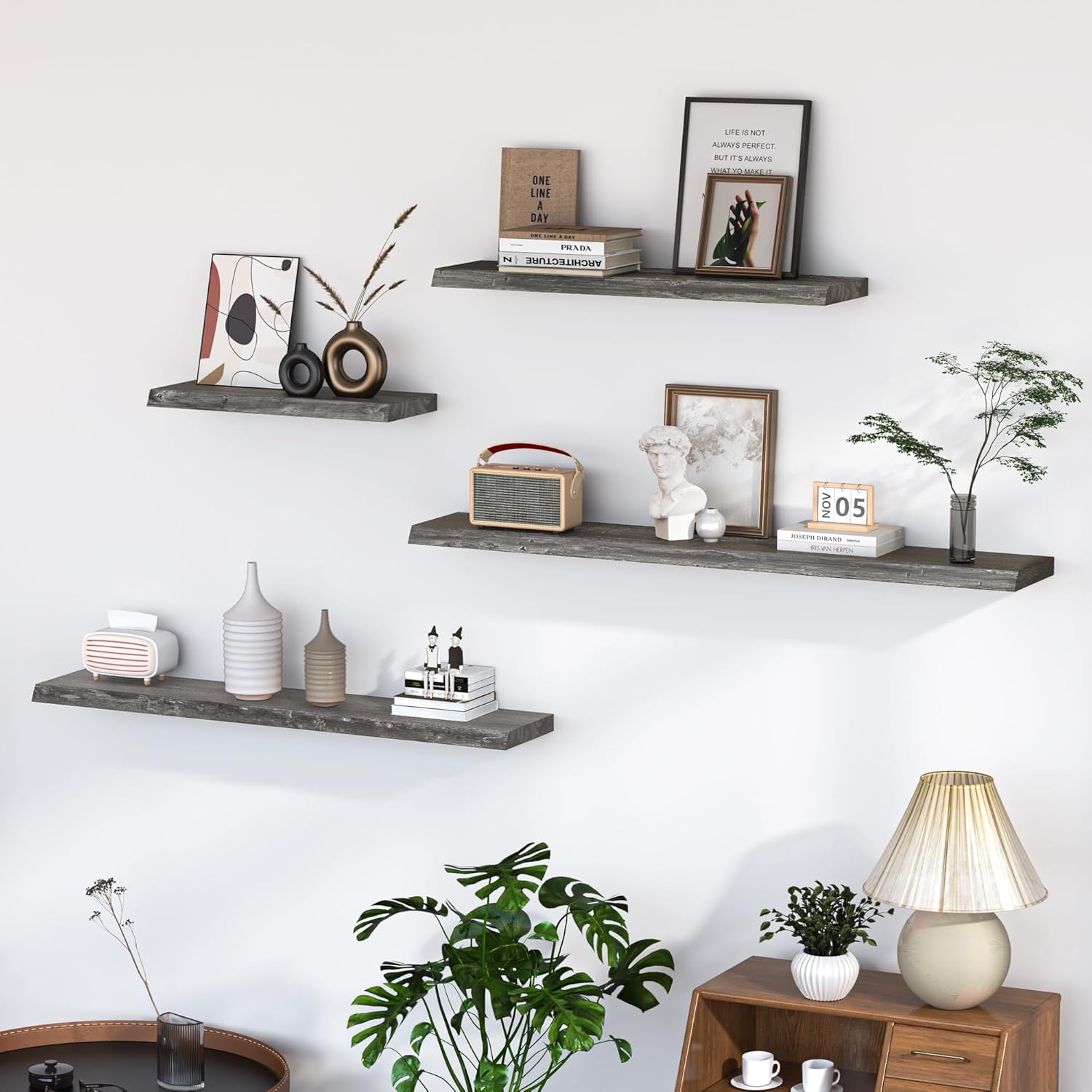 Floating Shelves for Wall 24x93 Inch Rustic Elm Wood Set of 2