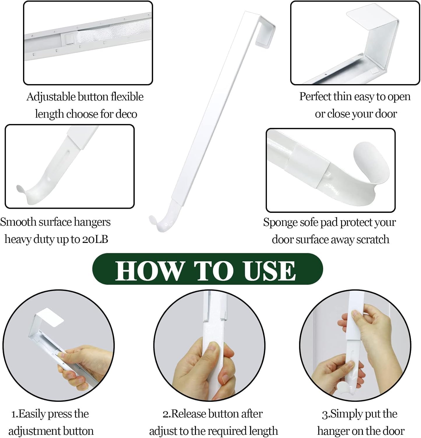 Pseutio Wreath Hanger for Front Door Adjustable 15-25 Inches 20 lbs Capacity White