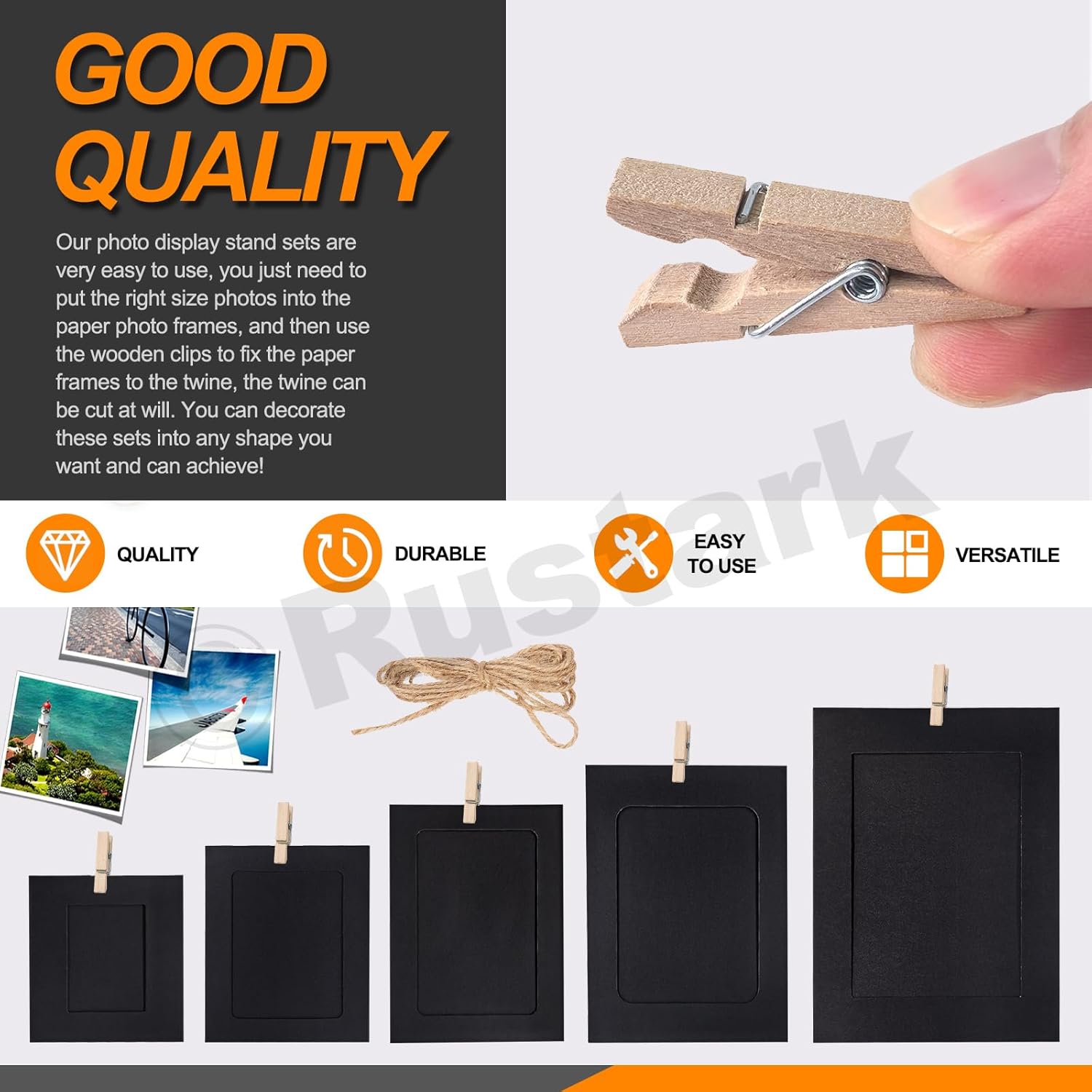 105Pcs Black Paper Picture Frames with Wood Clips and Jute Twine for Wall Decor