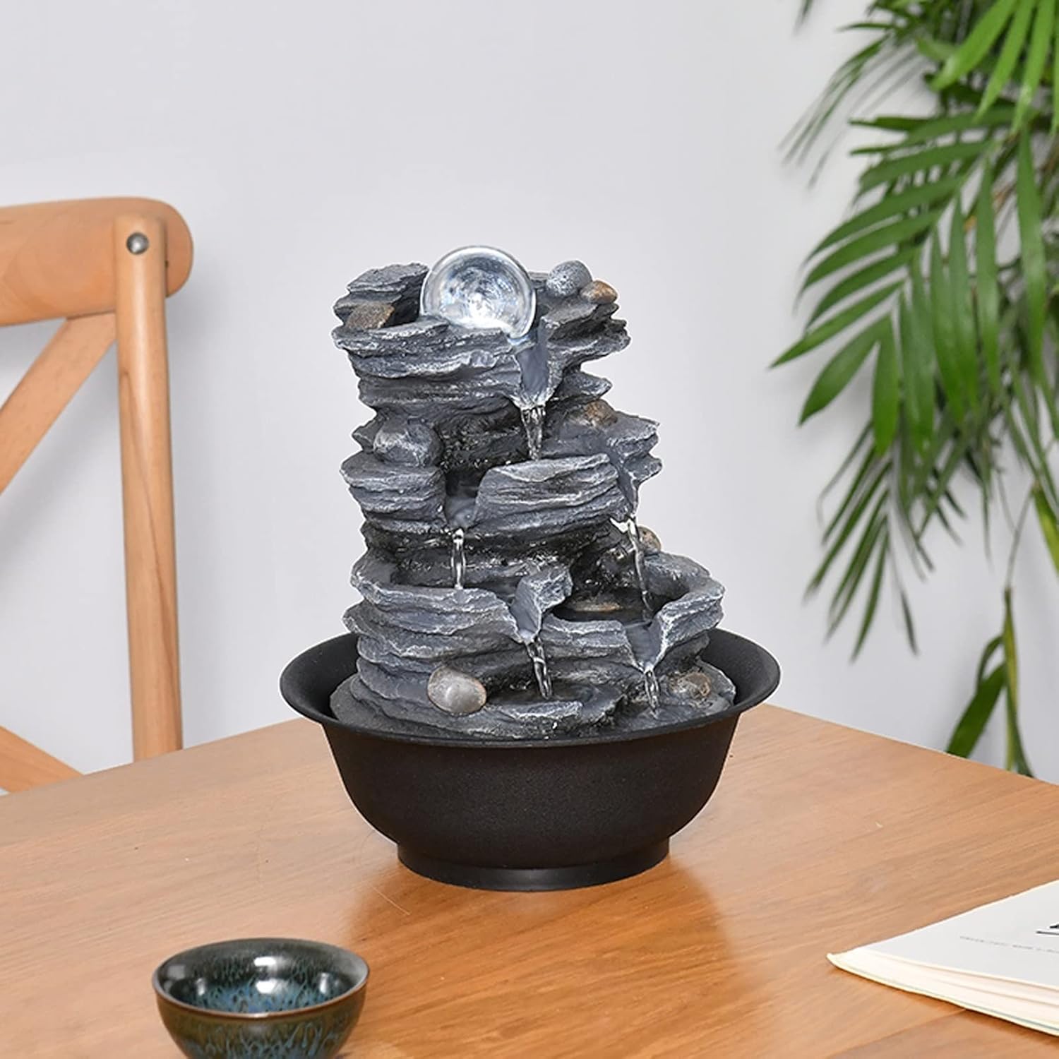 HIHELO Desktop Fountain with Resin Rock and Rotating Ball