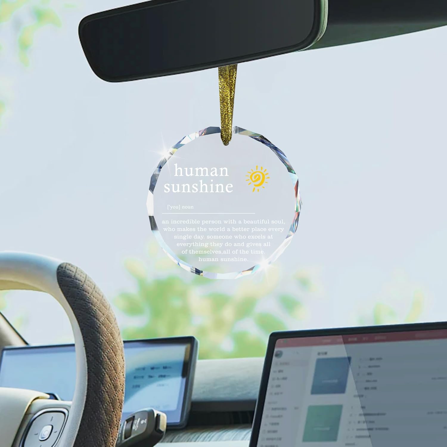 Human Sunshine Motivational Glass Hanging Ornament for Car and Office Decor
