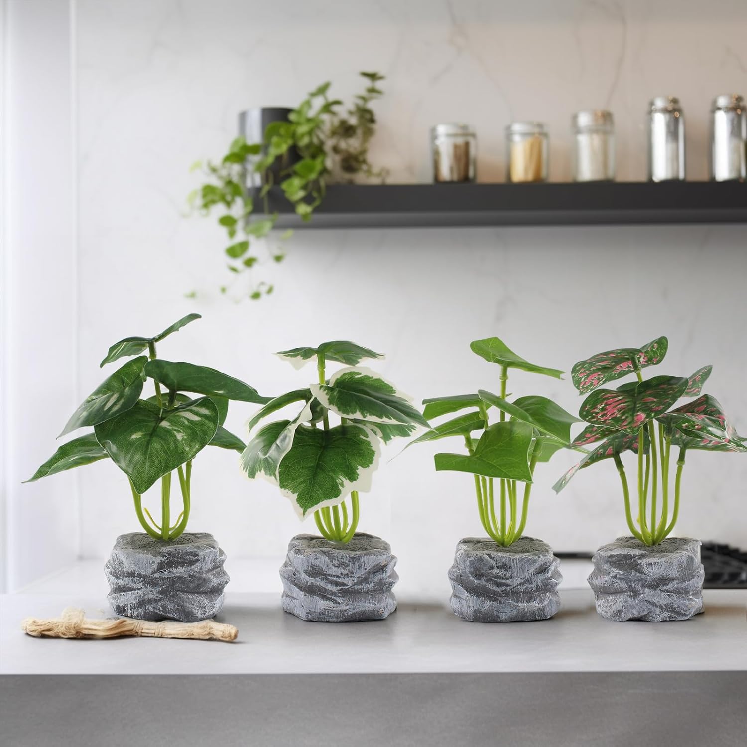 4Pcs Artificial Plants Mini Potted Lifelike Faux Greenery Cement Vase Decor