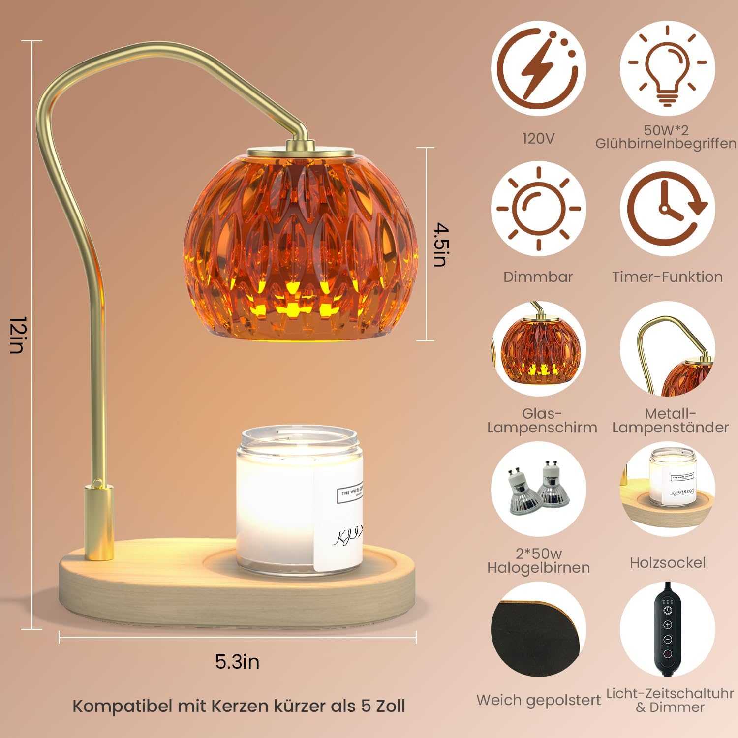 Amber Candle Warmer Lamp with Timer and Dimmer