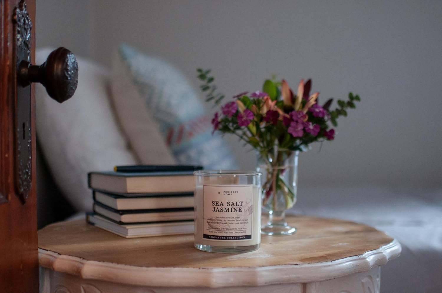 PERIPETI Home Sea Salt Jasmine Candle - 85oz Soy Wax Jar with Wooden Wick