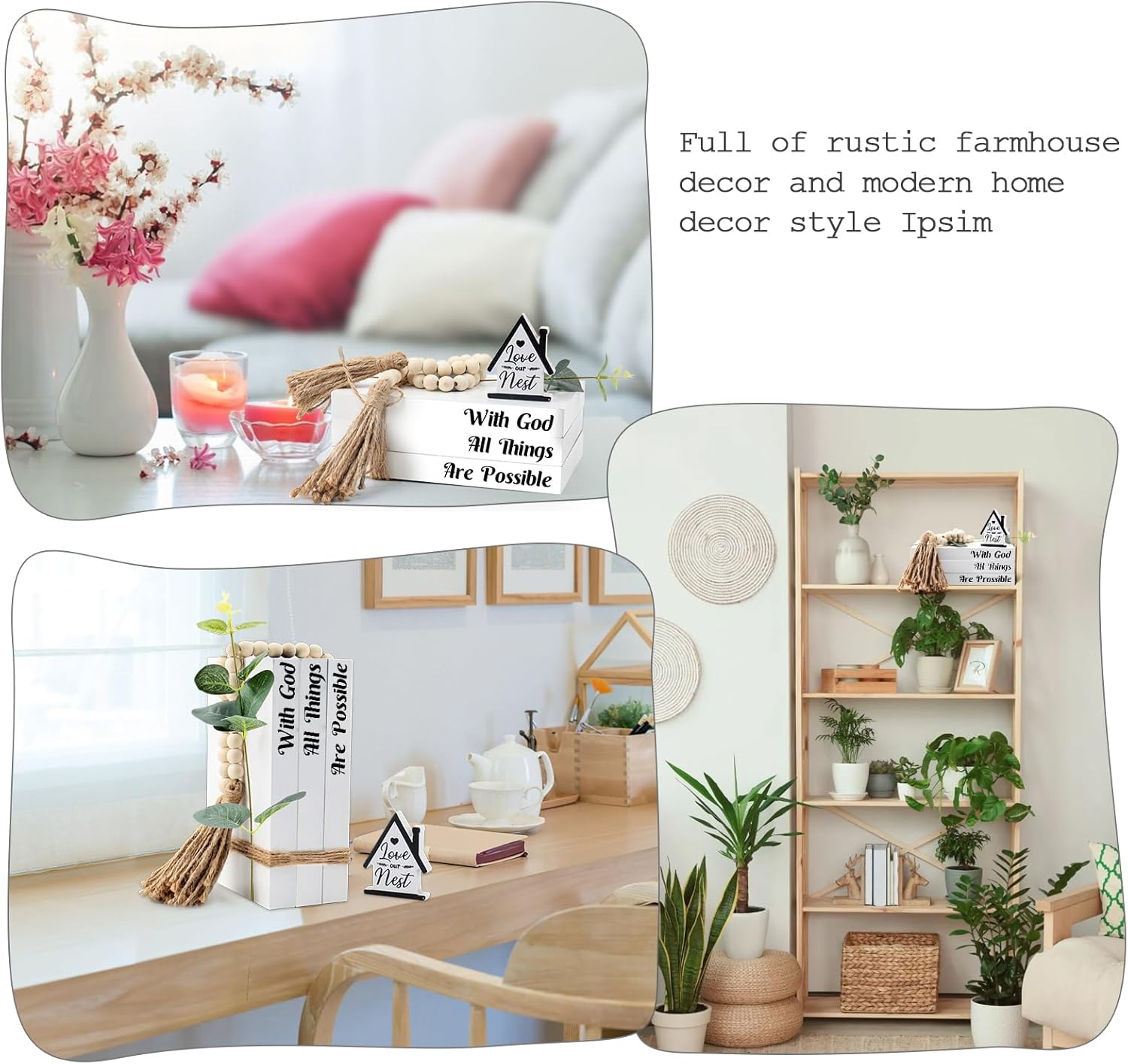 Rustic Farmhouse Decorative Books Set with Tassels and Leaves