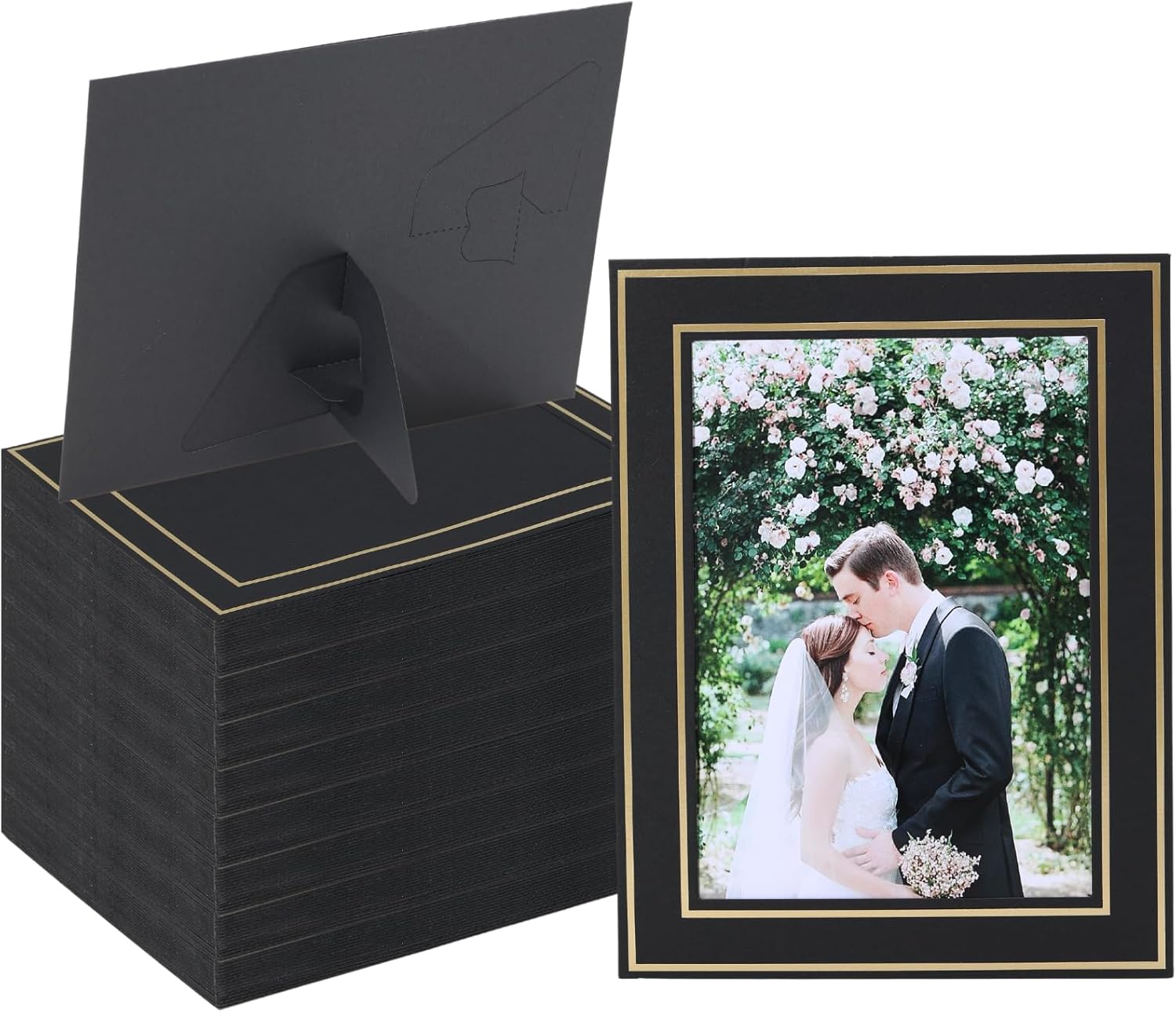 100Pack Black Paper Frames with Gold Trim and Easel