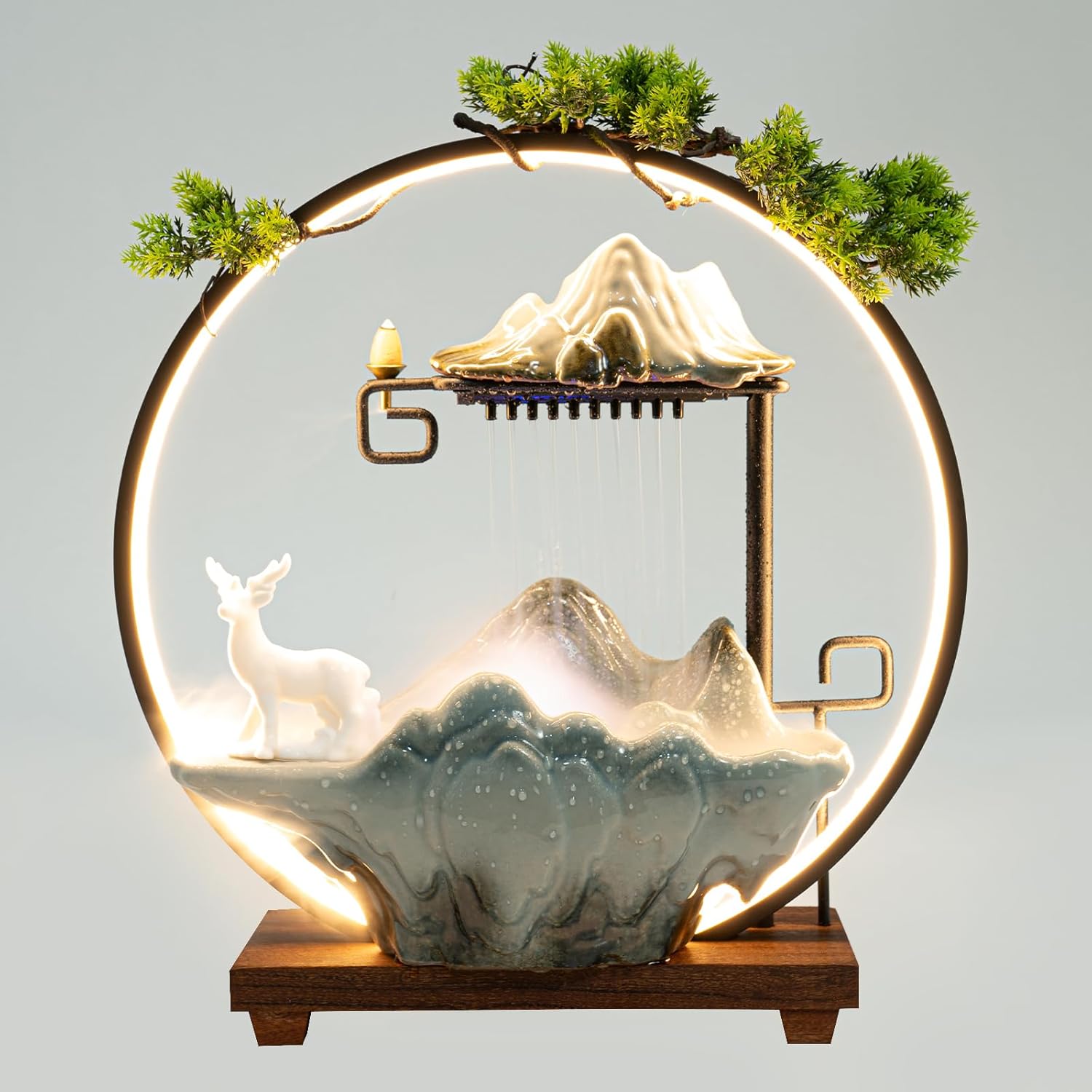 Ceramic Tabletop Water Fountain with Incense Holder and LED Light